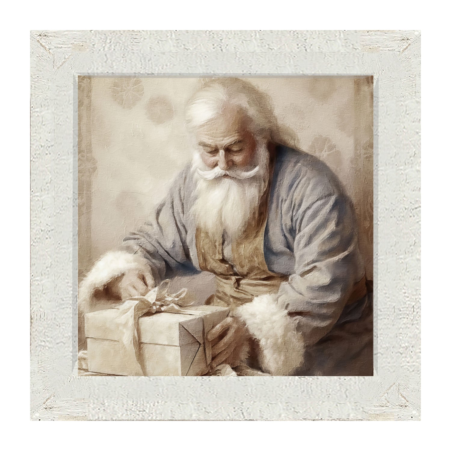 Santa Tying a Bow on a Present - Framed art