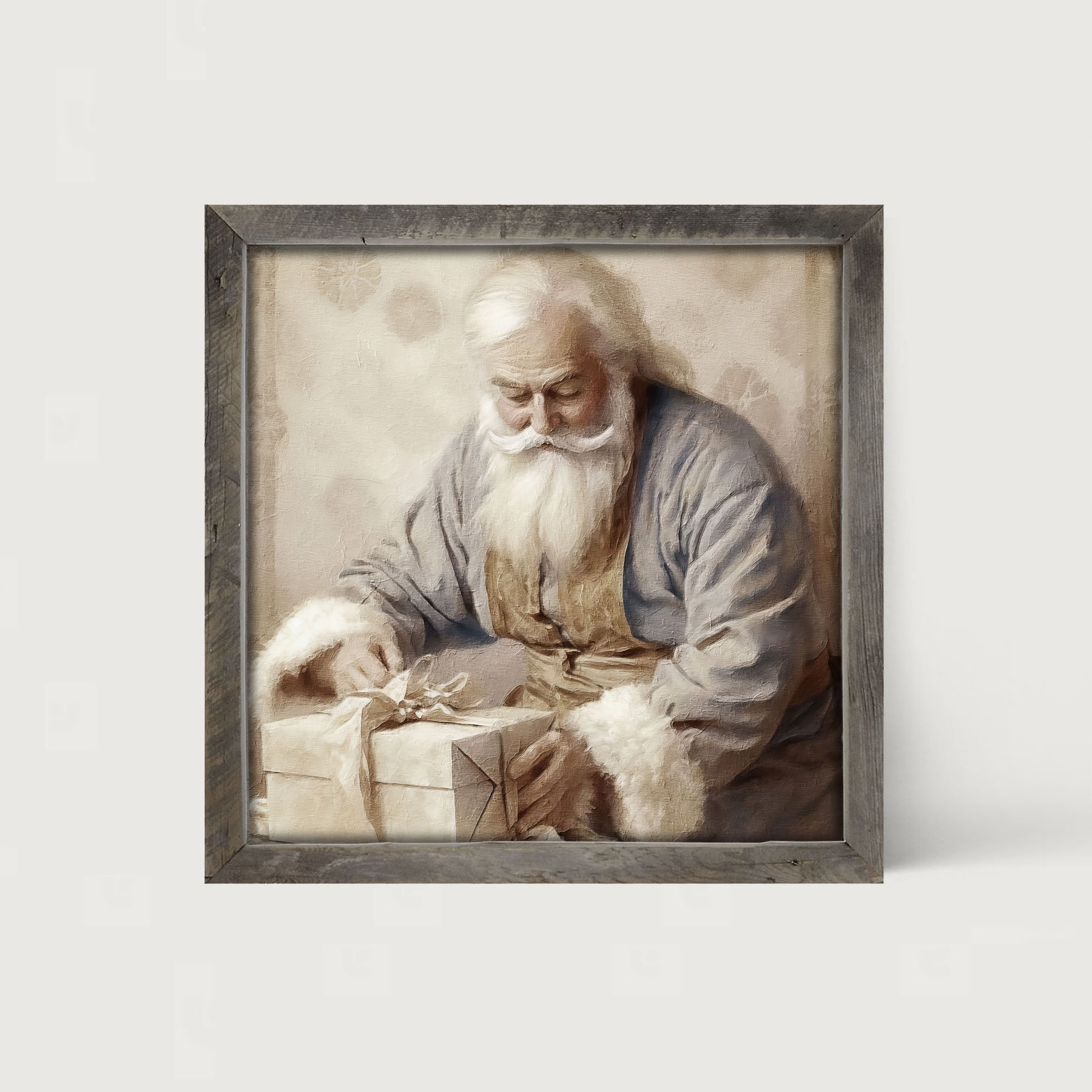 Santa Tying a Bow on a Present - Framed art