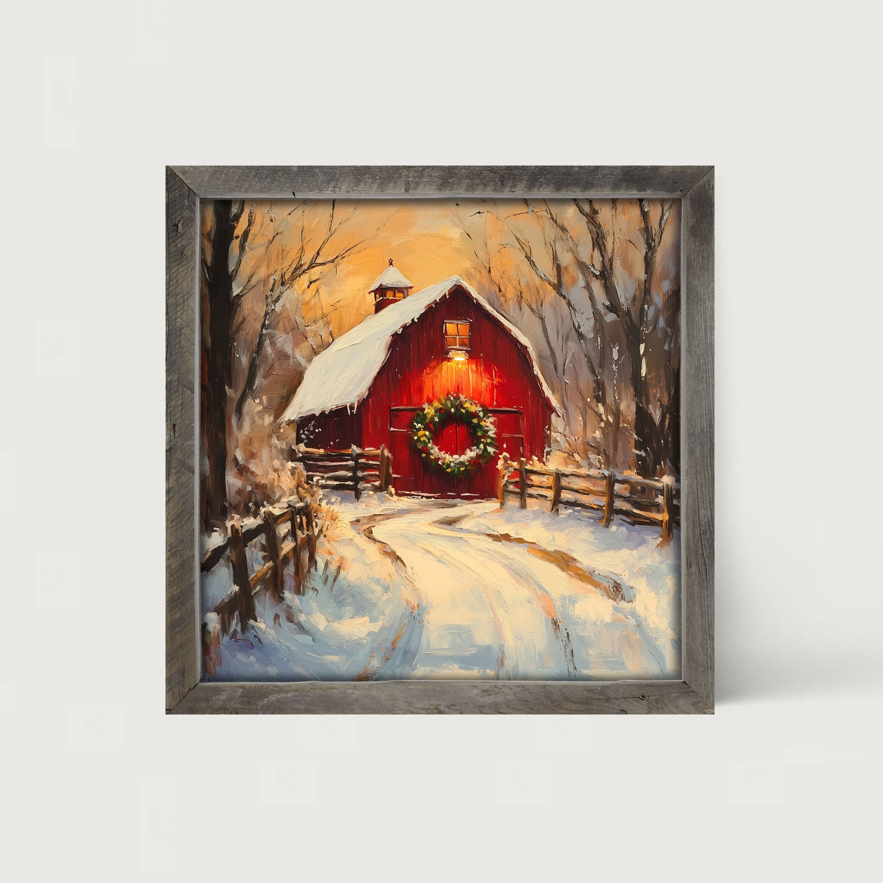 Red Barn at Christmas - Framed art