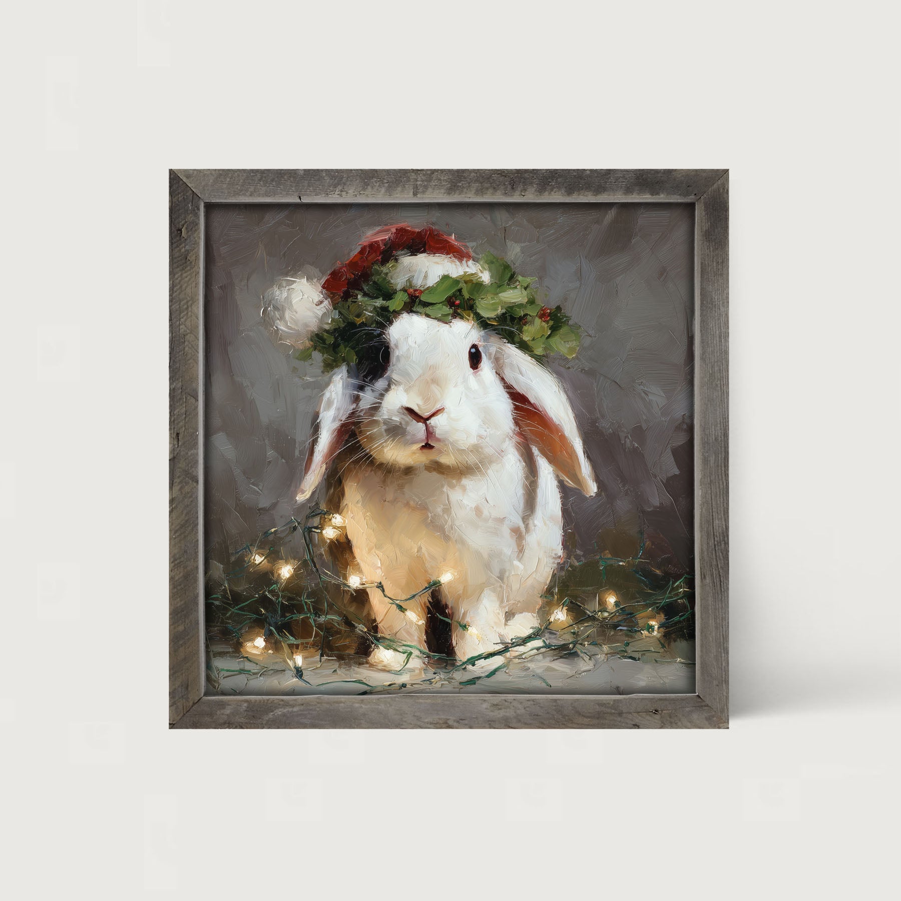 Christmas Lights with White Bunny - Framed art