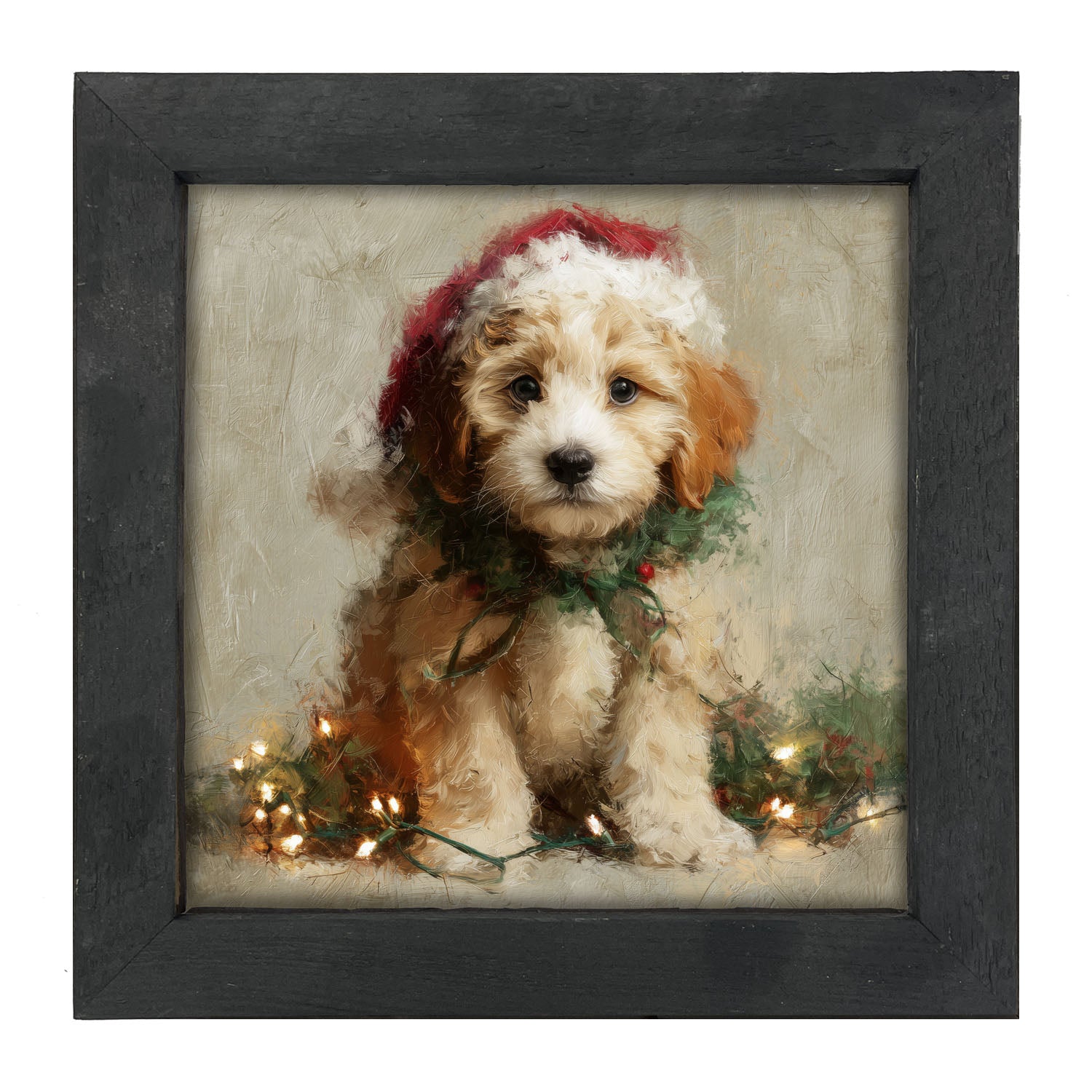 Christmas Lights with Furry Tan Dog - Framed art
