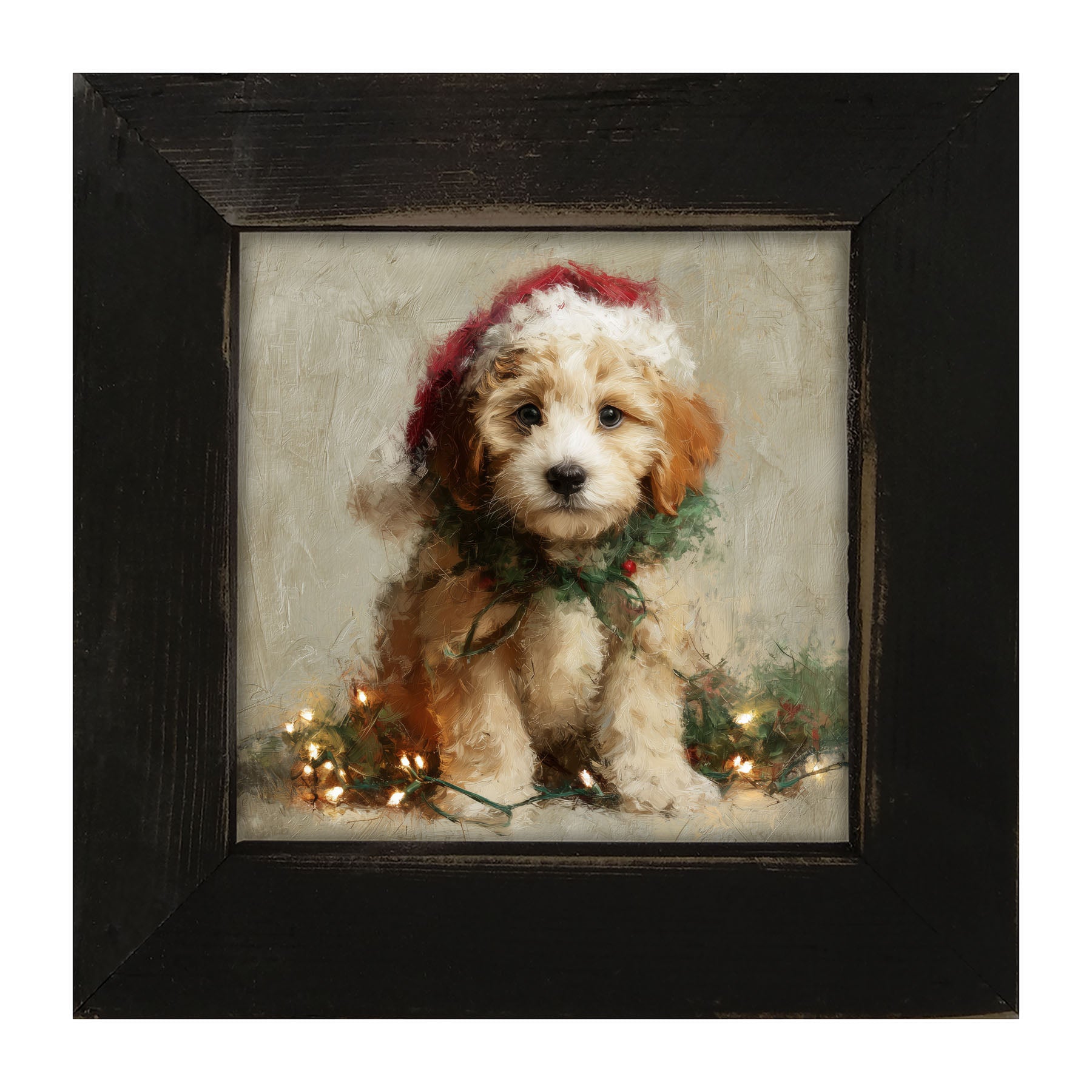 Christmas Lights with Furry Tan Dog - Framed art