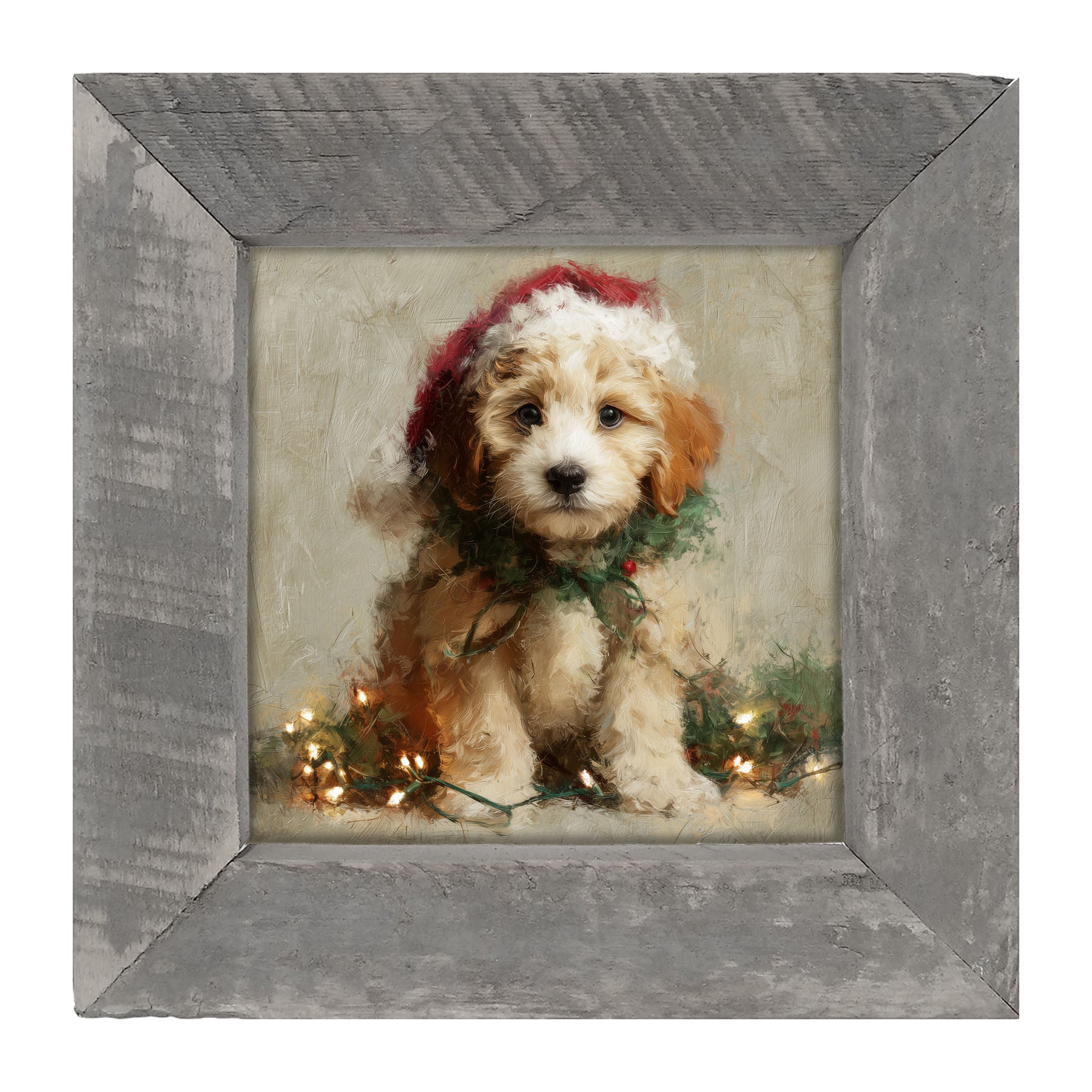 Christmas Lights with Furry Tan Dog - Framed art