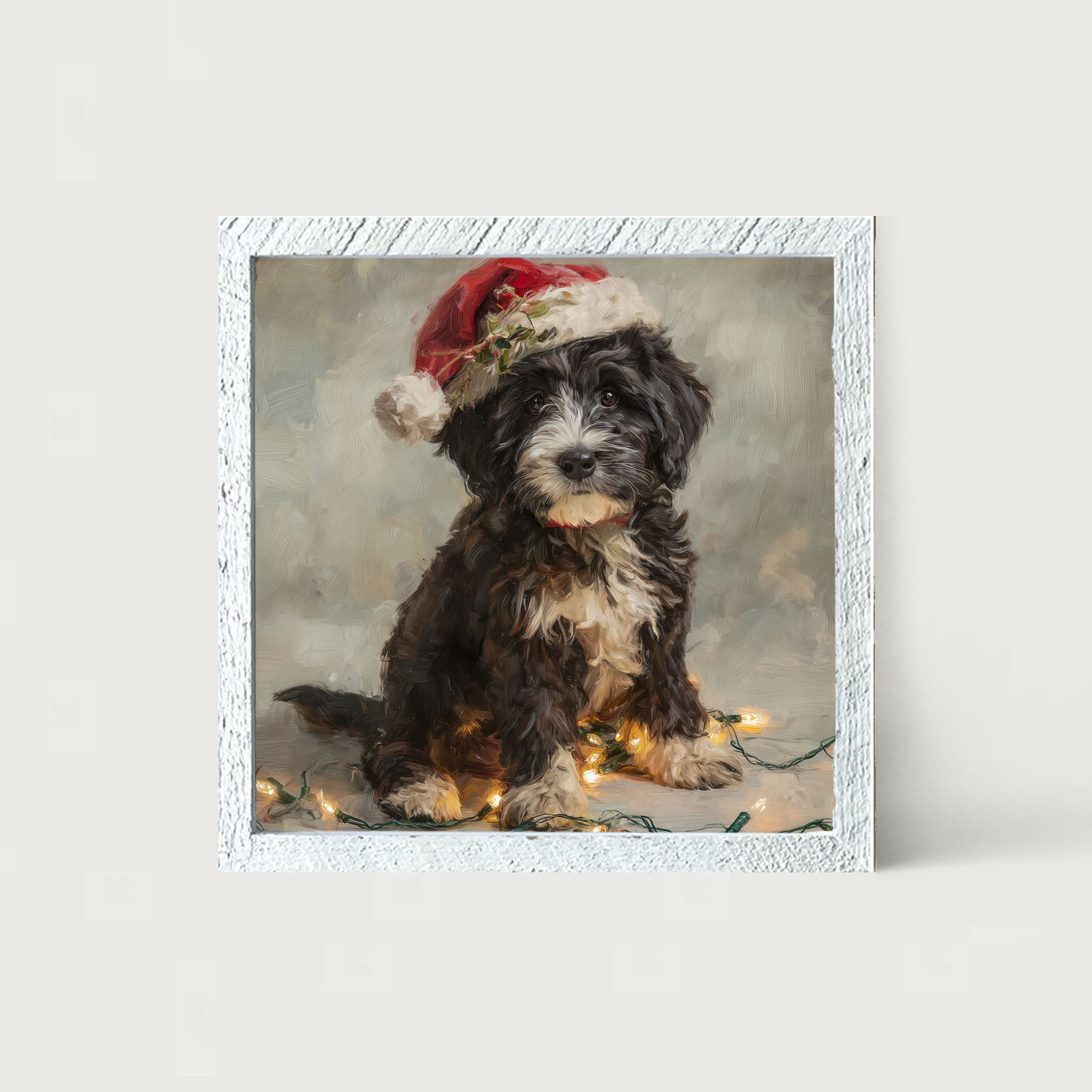 Christmas Lights with Furry Black and White Dog
