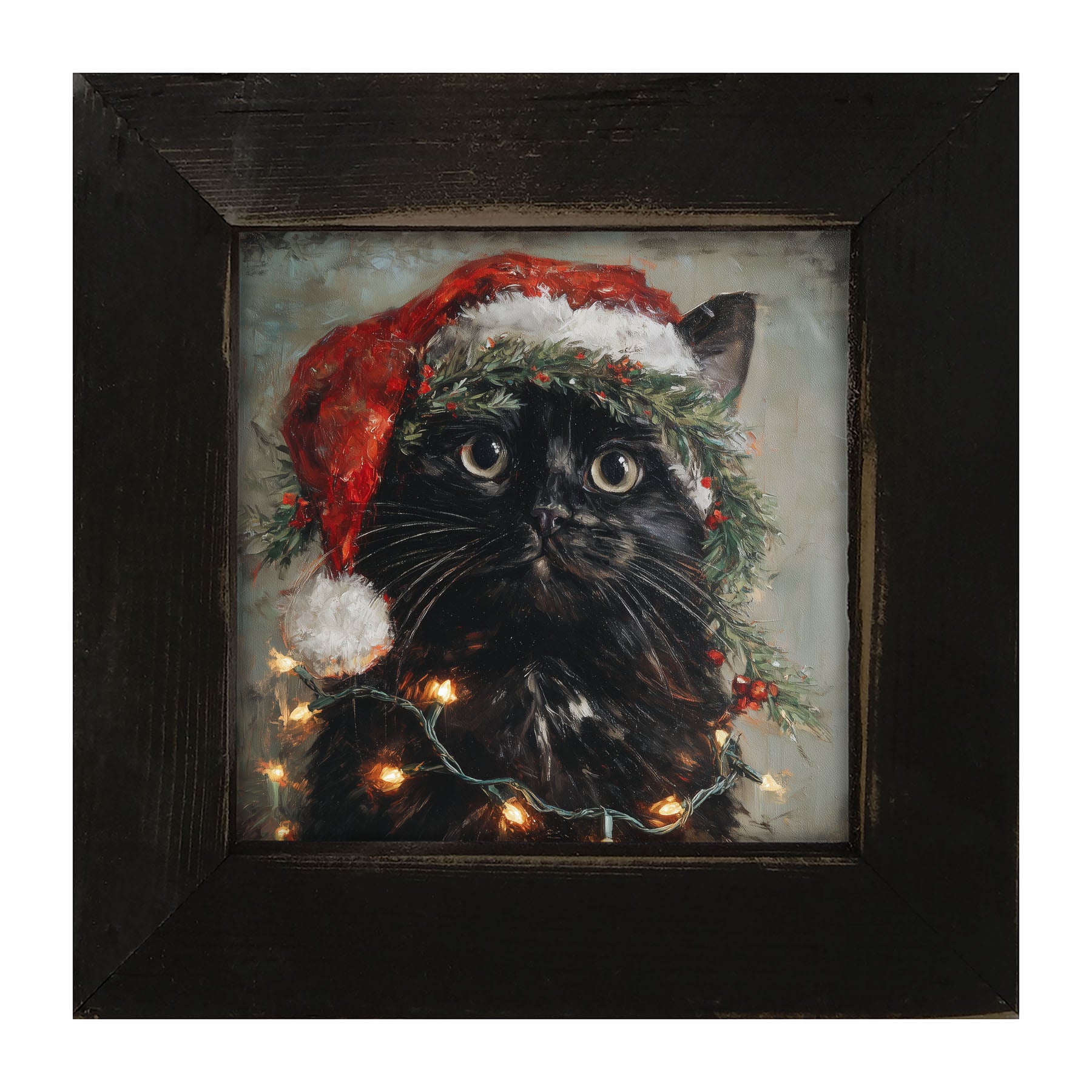 Christmas Lights with Black Cat - Framed art