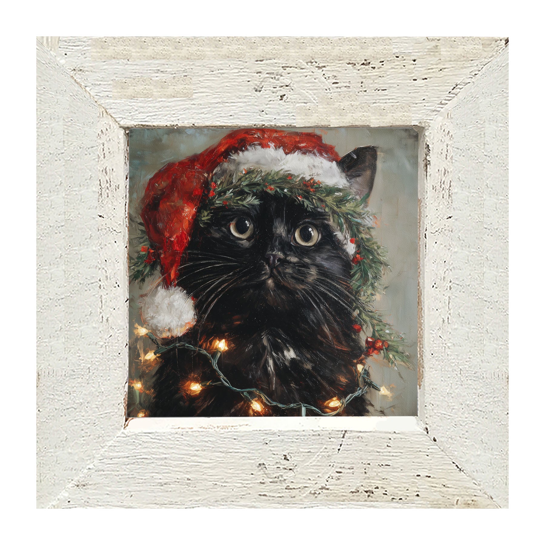 Christmas Lights with Black Cat - Framed art