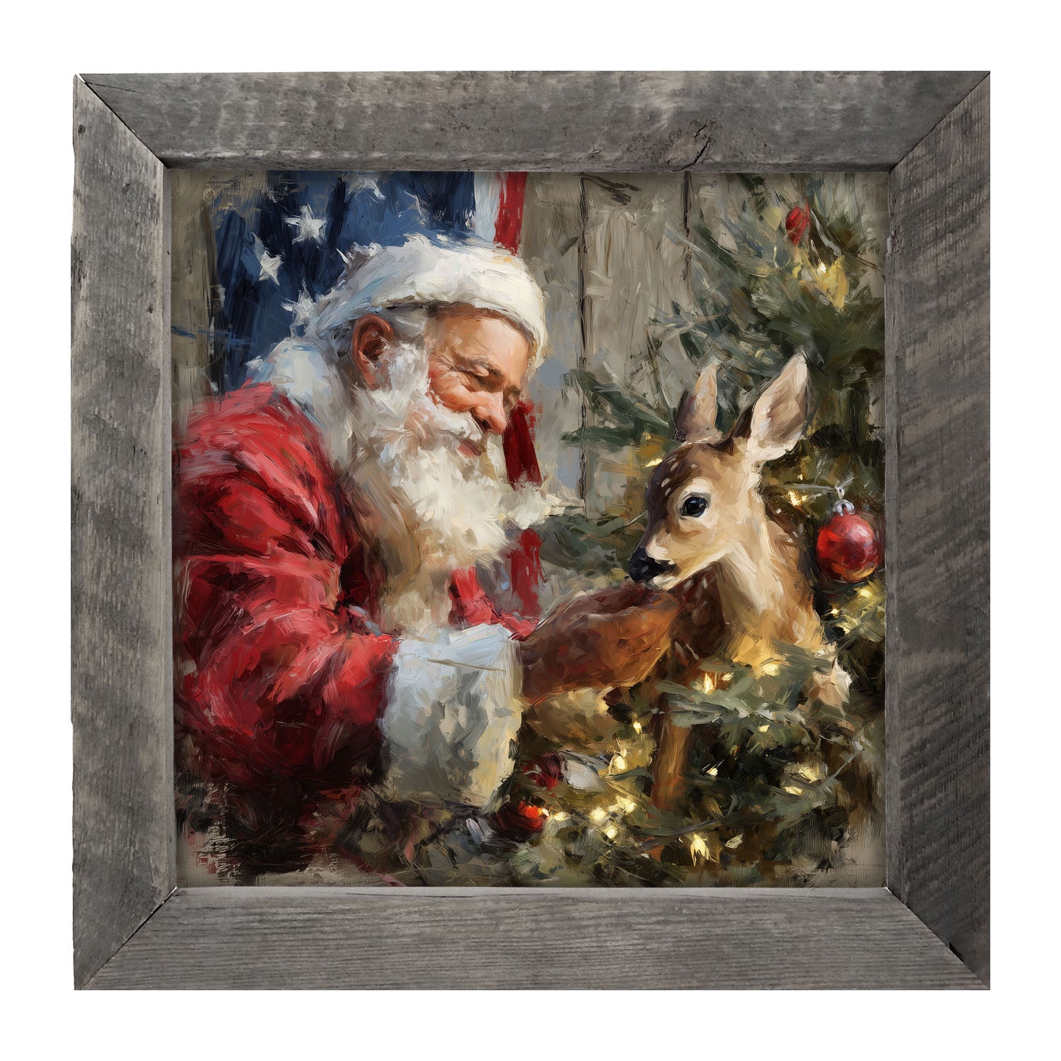 Santa and Deer with Flag - Framed Art