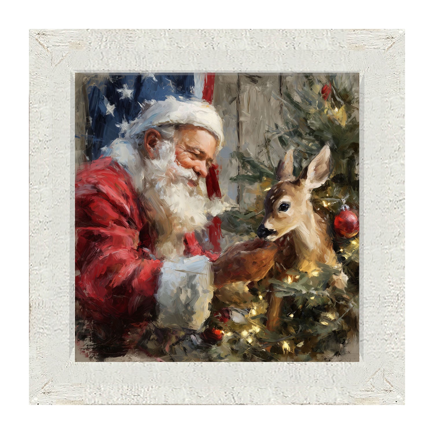 Santa and Deer with Flag - Framed Art