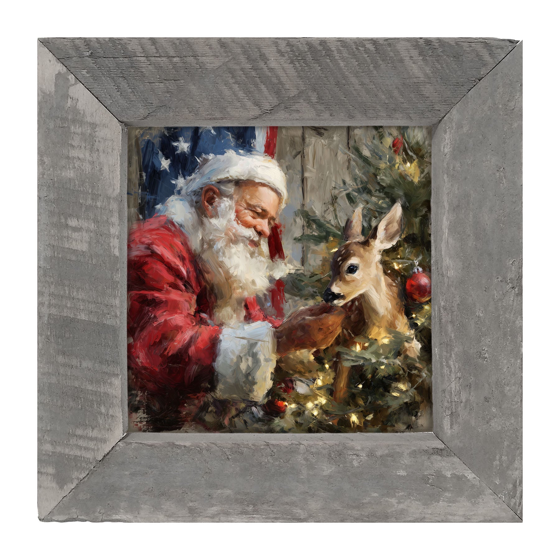 Santa and Deer with Flag - Framed Art