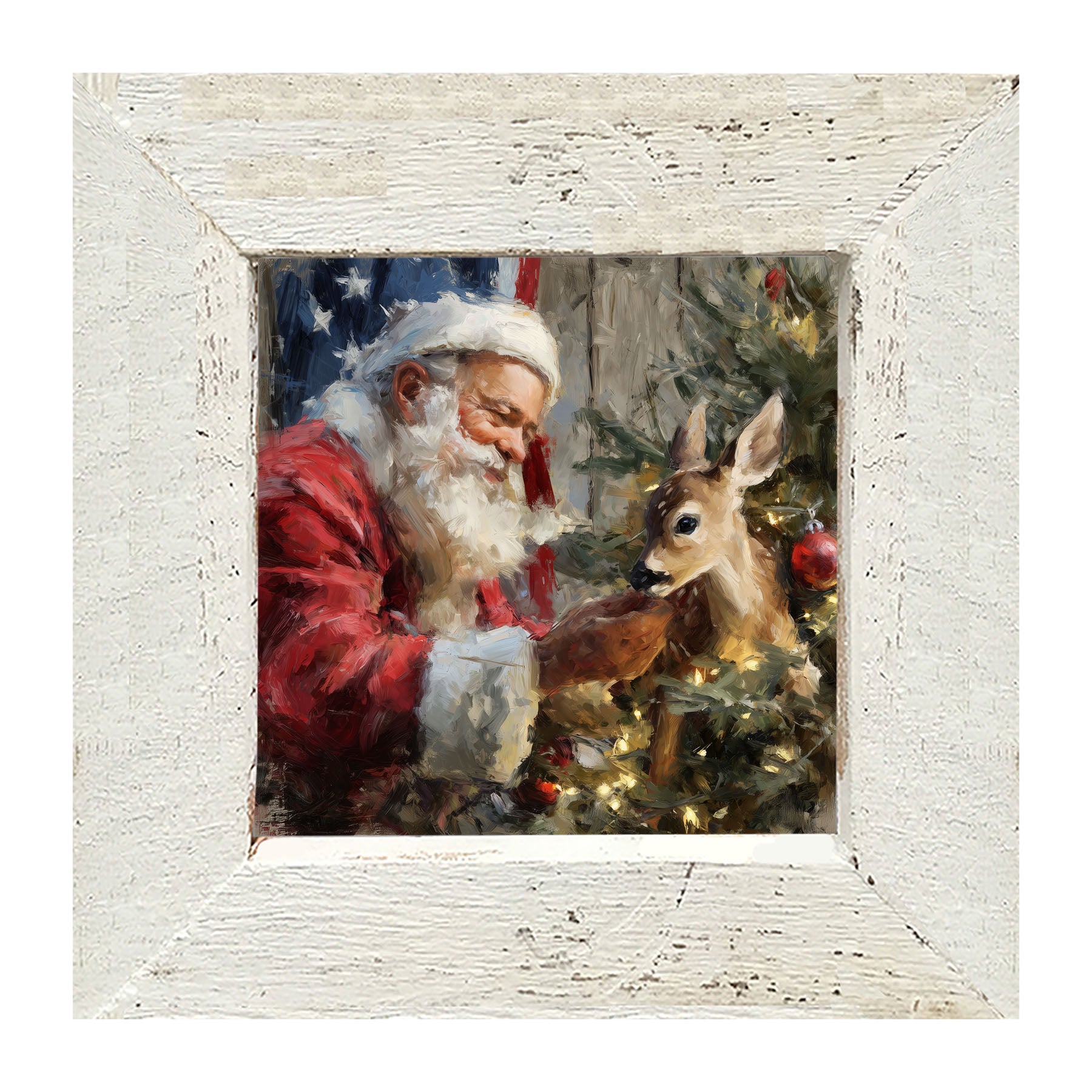 Santa and Deer with Flag - Framed Art
