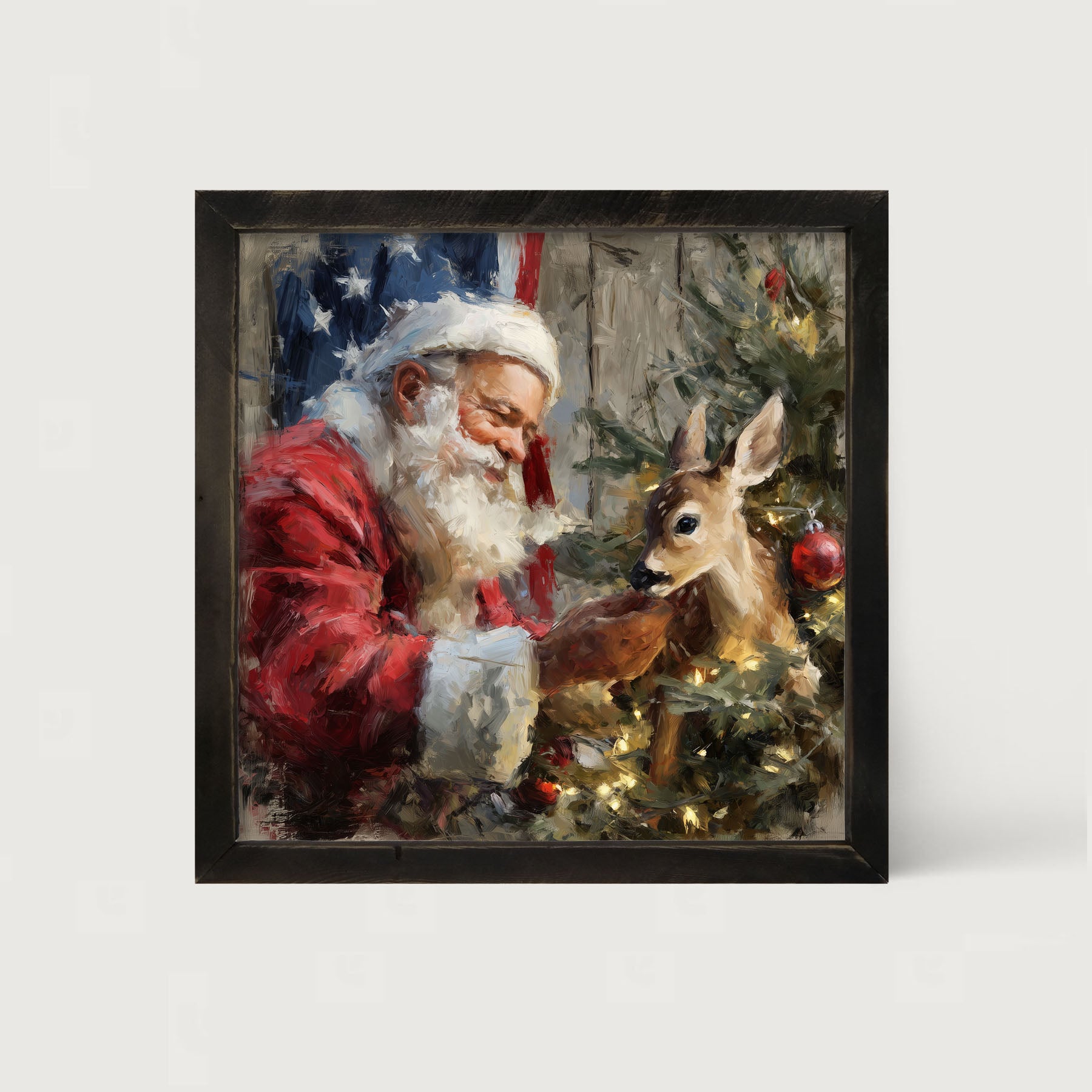 Santa and Deer with Flag - Framed Art