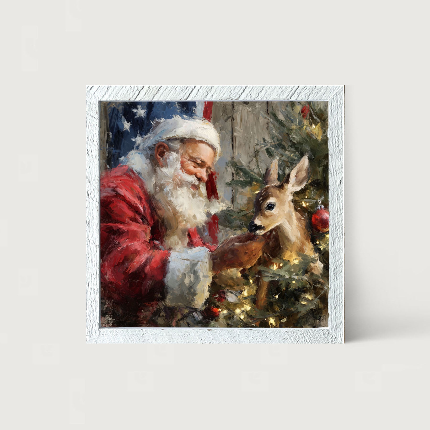 Santa and Deer with Flag - Framed Art