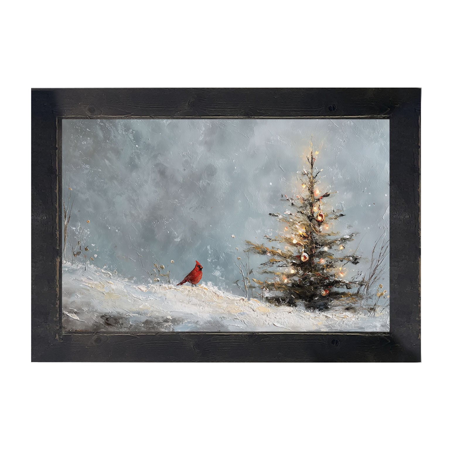 Cardinal Near a Decorated Christmas Tree - Framed Art