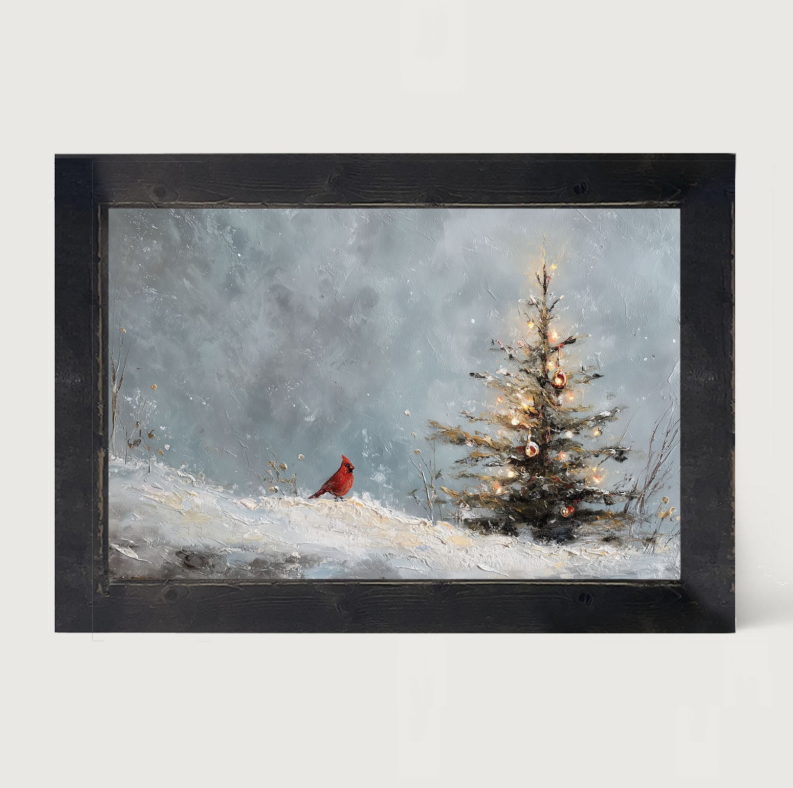 Cardinal Near a Decorated Christmas Tree - Framed Art