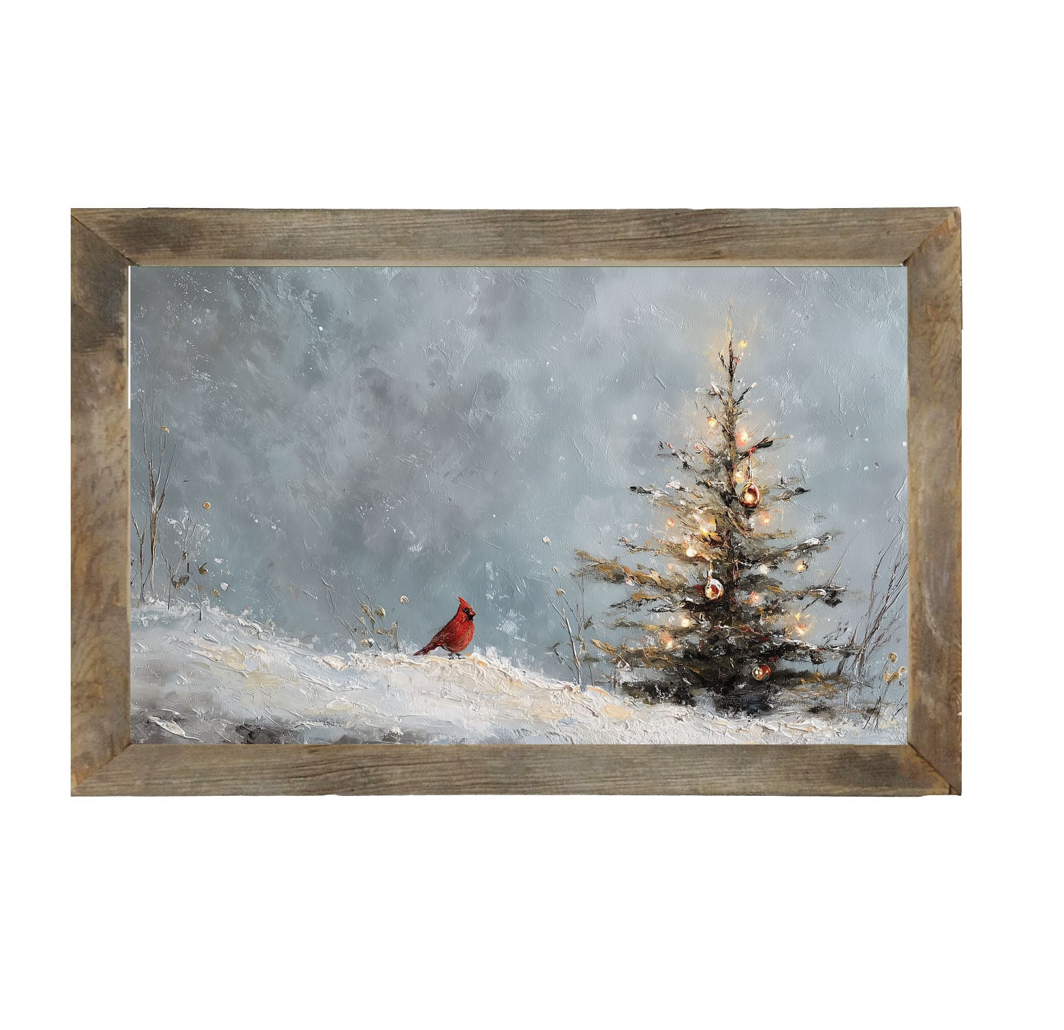Cardinal Near a Decorated Christmas Tree - Framed Art