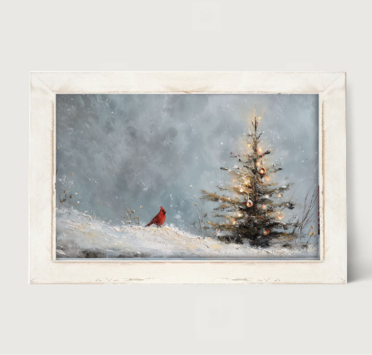 Cardinal Near a Decorated Christmas Tree - Framed Art