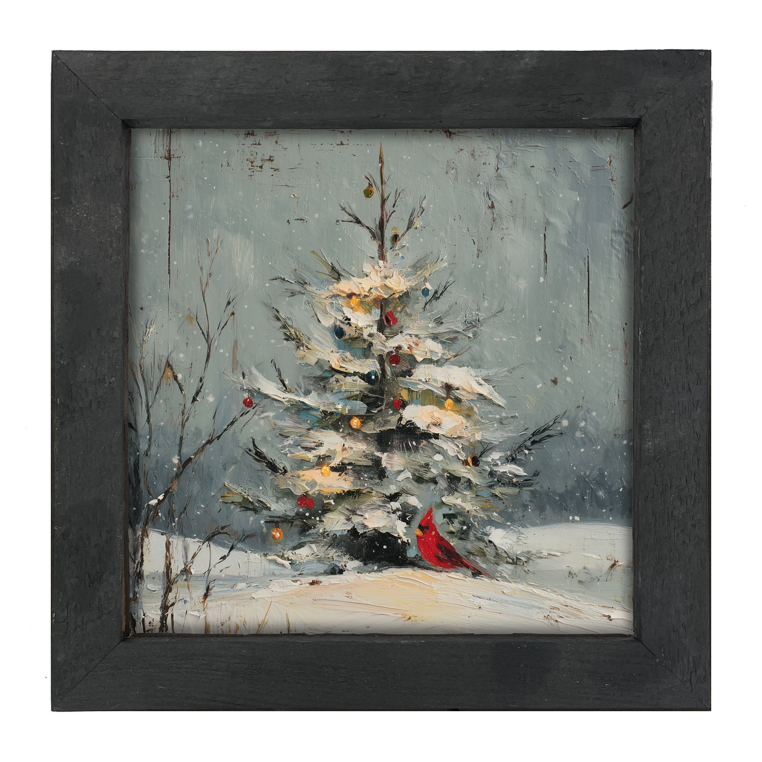 Cardinal Under a Decorated Christmas Tree - Framed Art