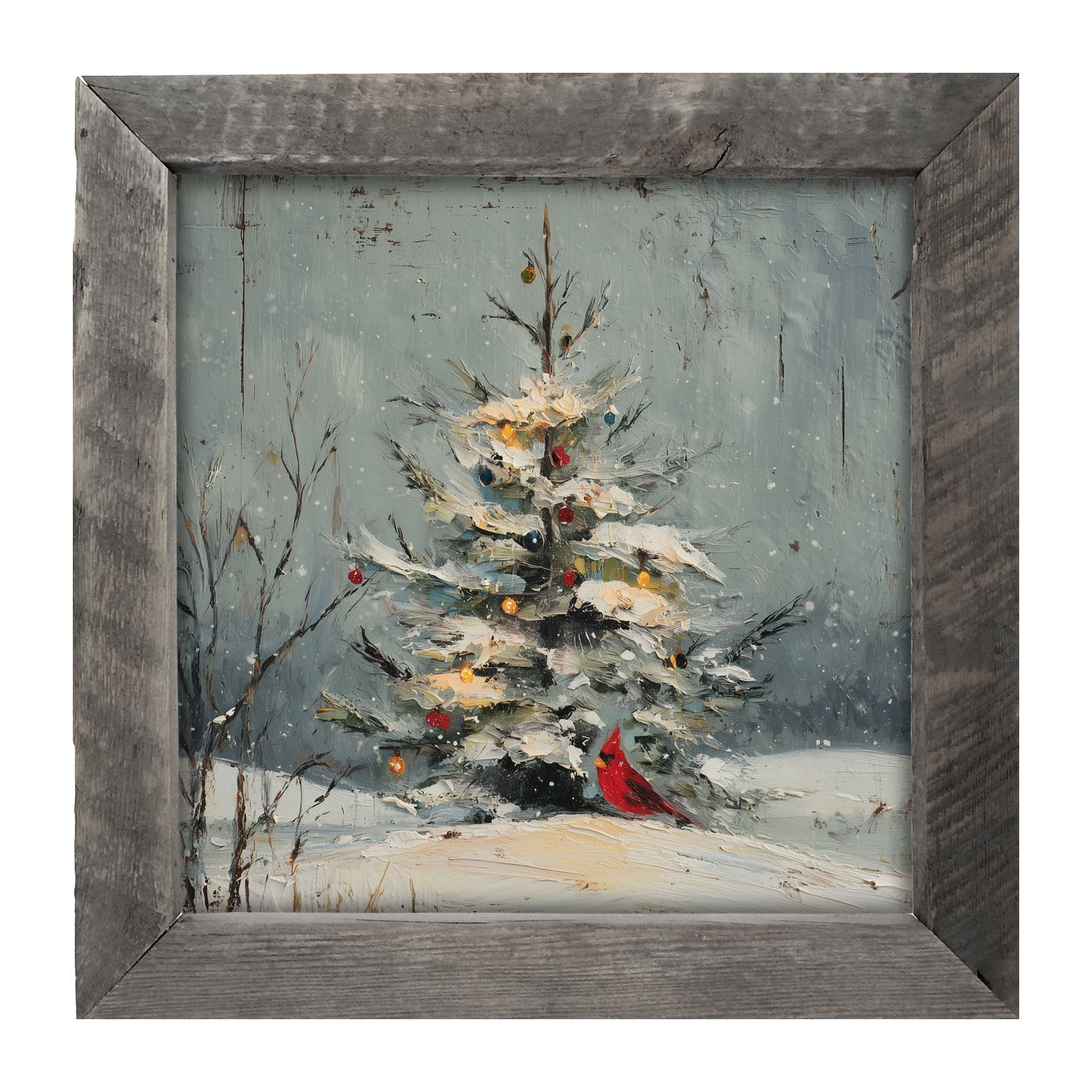Cardinal Under a Decorated Christmas Tree - Framed Art