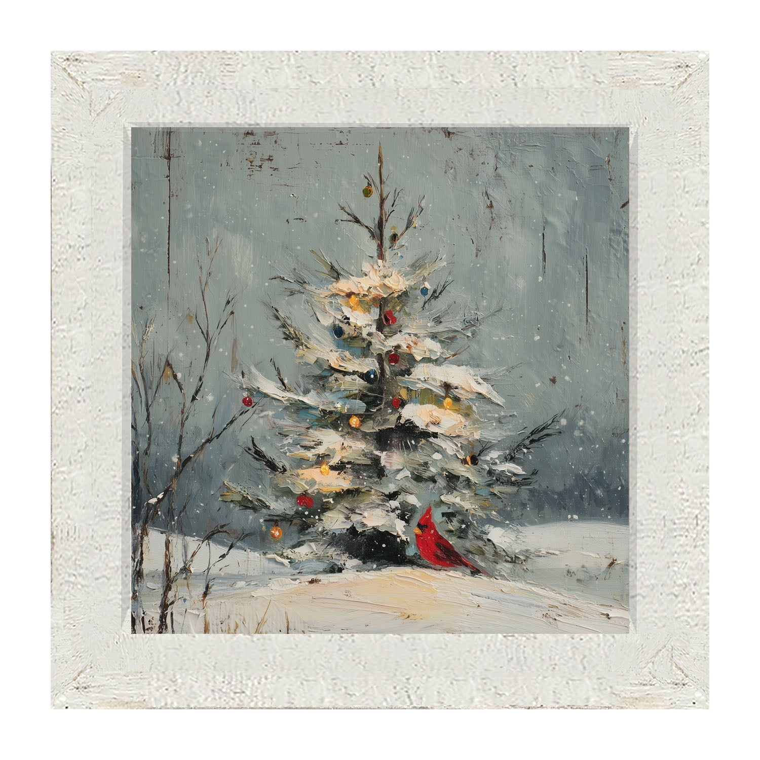 Cardinal Under a Decorated Christmas Tree - Framed Art