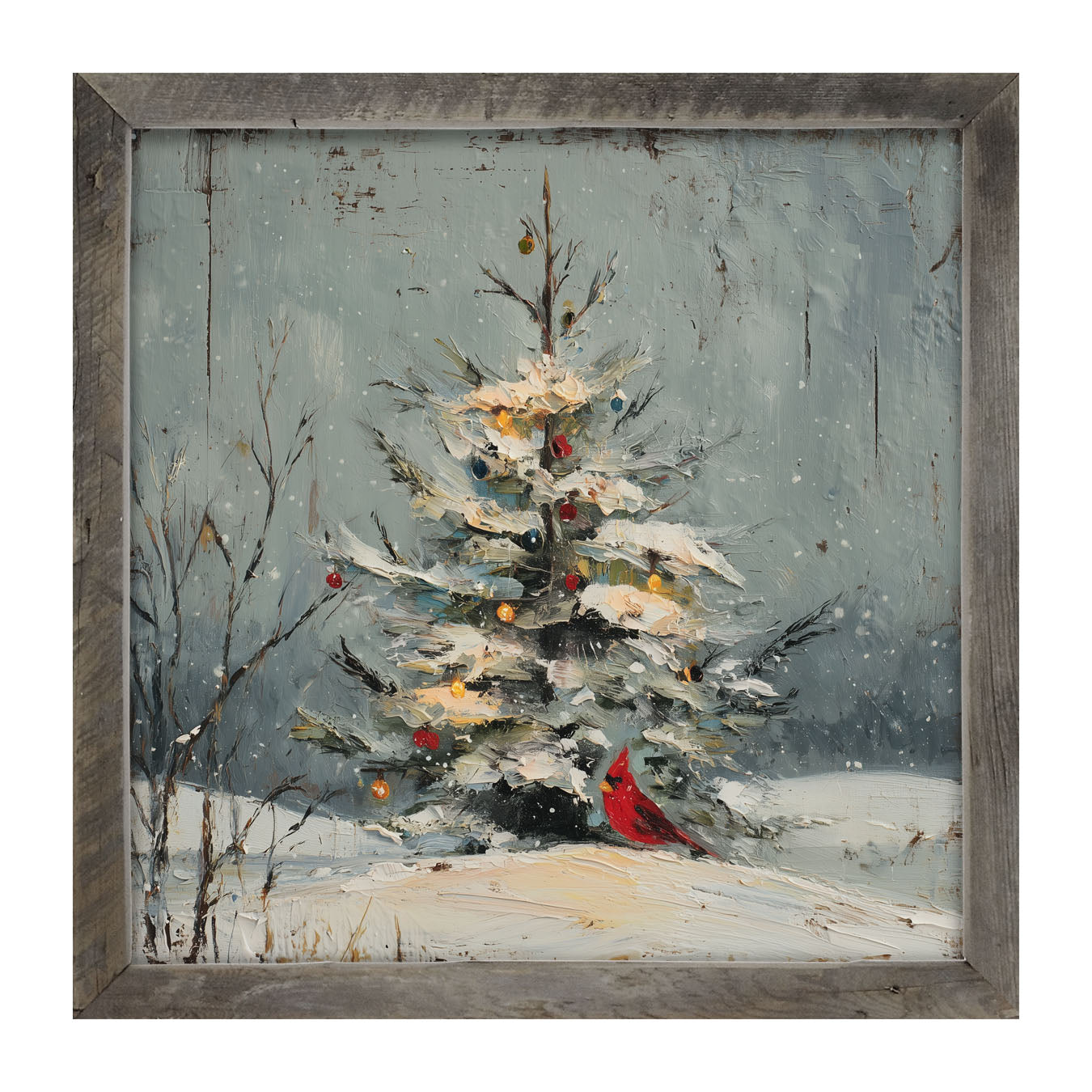 Cardinal Under a Decorated Christmas Tree - Framed Art
