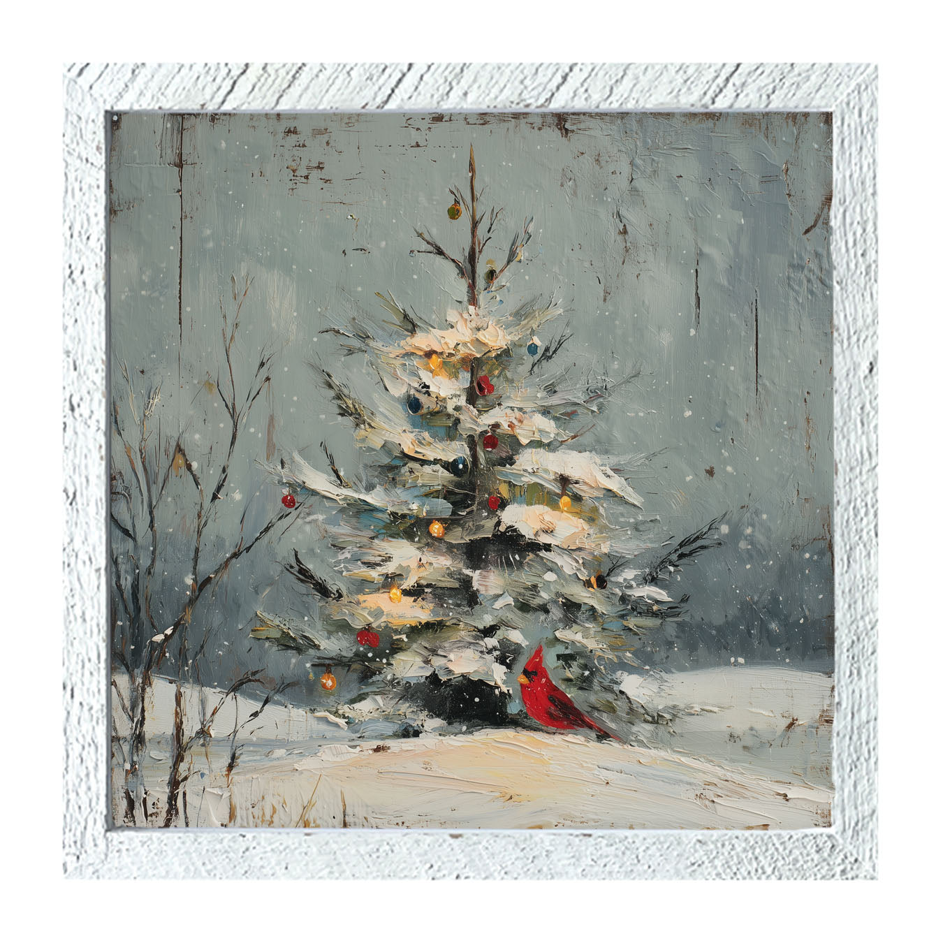 Cardinal Under a Decorated Christmas Tree - Framed Art