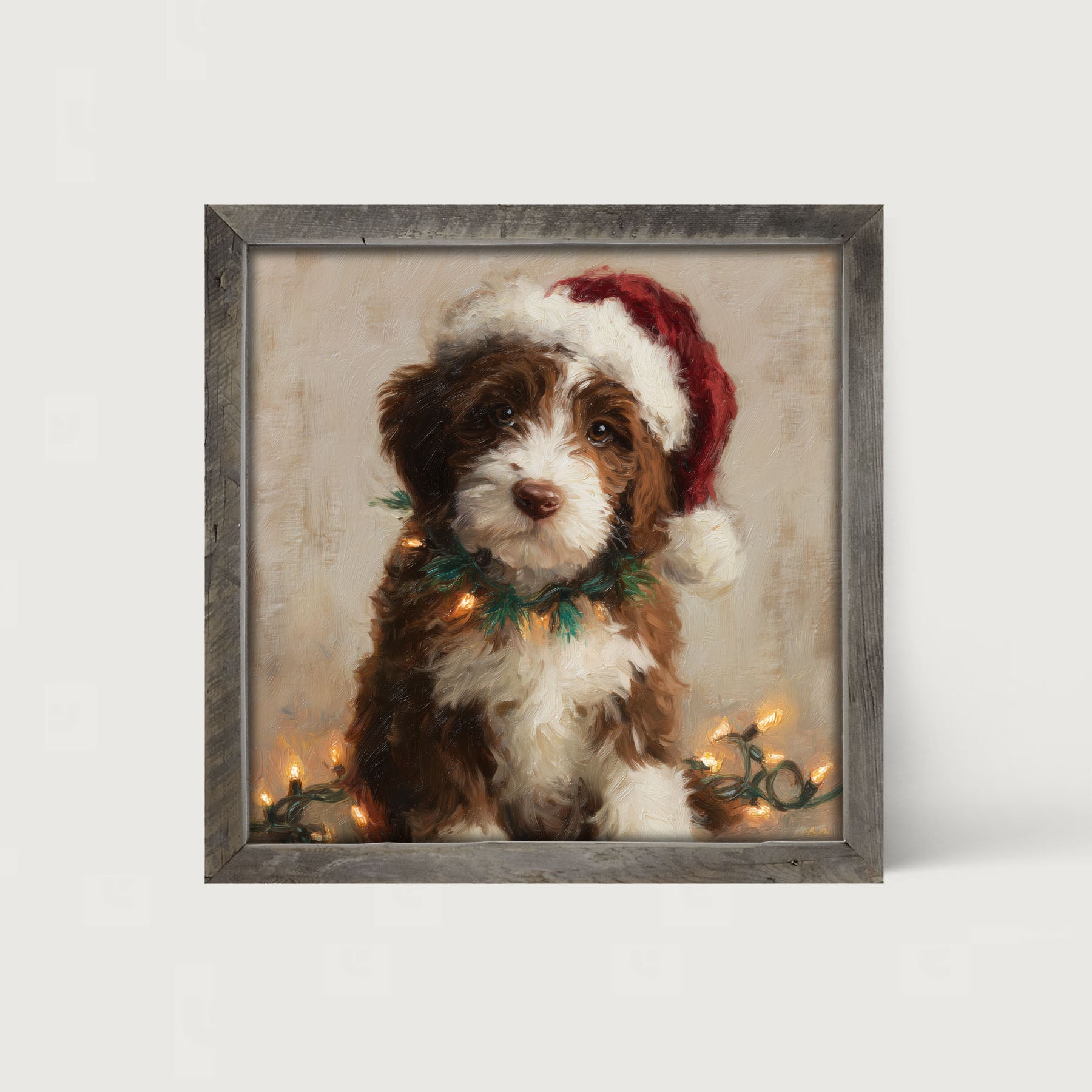 Christmas Lights with Brown and White Dog