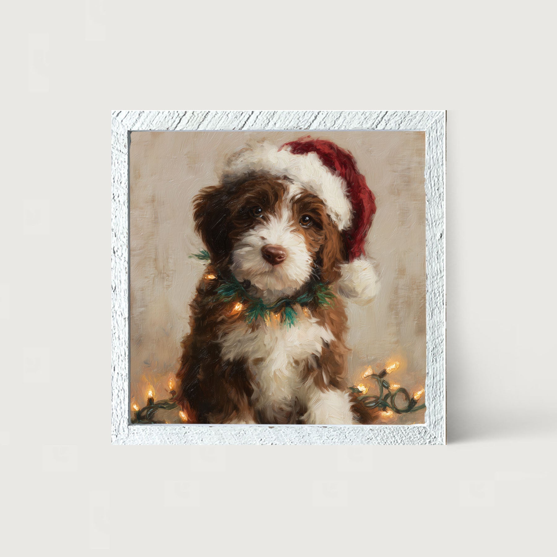 Christmas Lights with Brown and White Dog