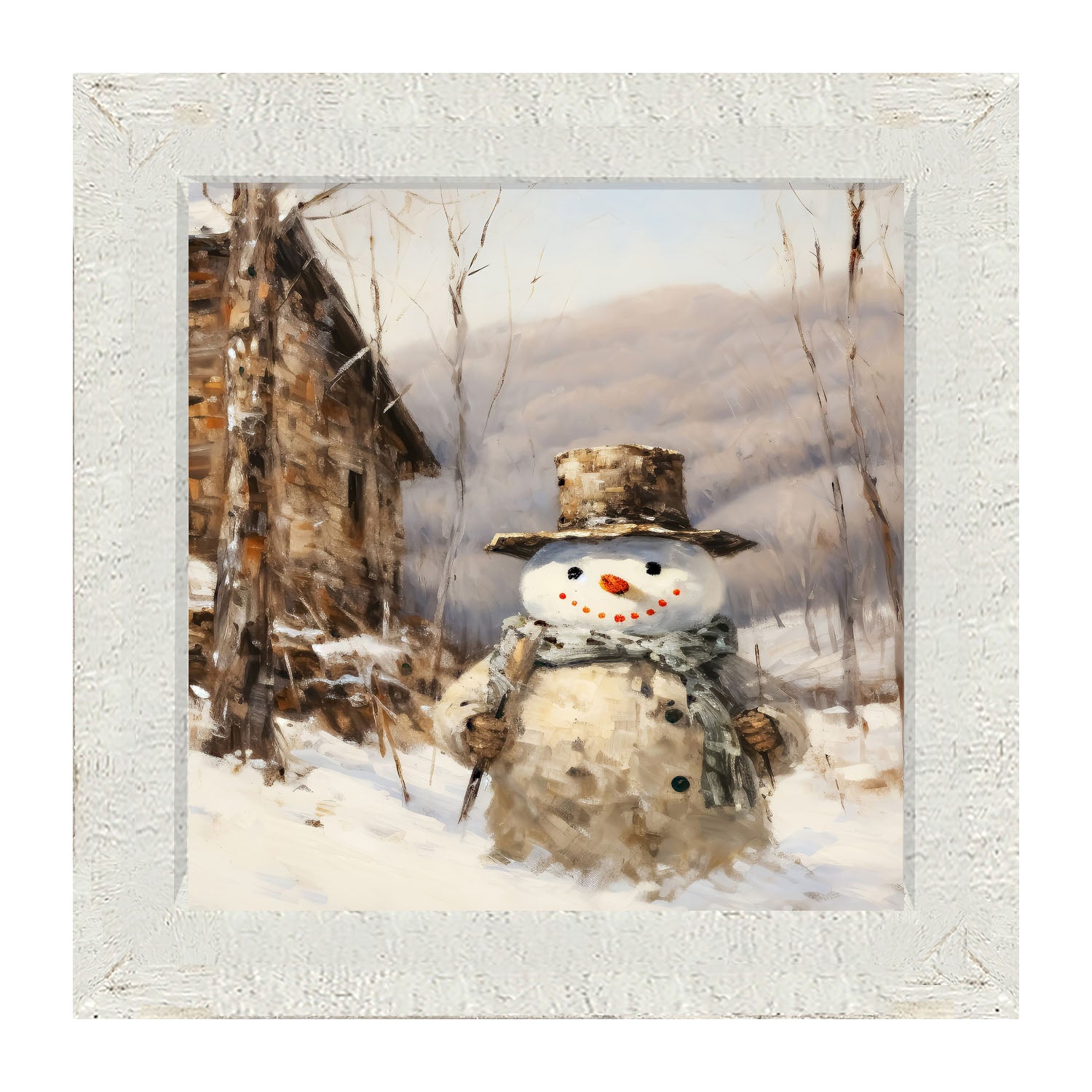 Snowman near barn - Framed art
