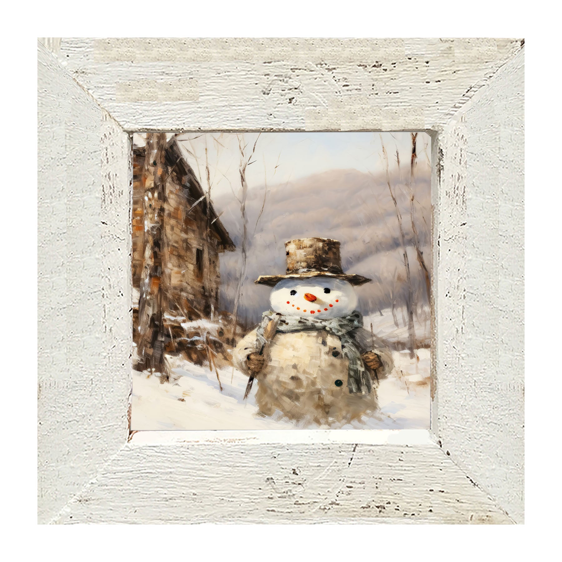 Snowman near barn - Framed art