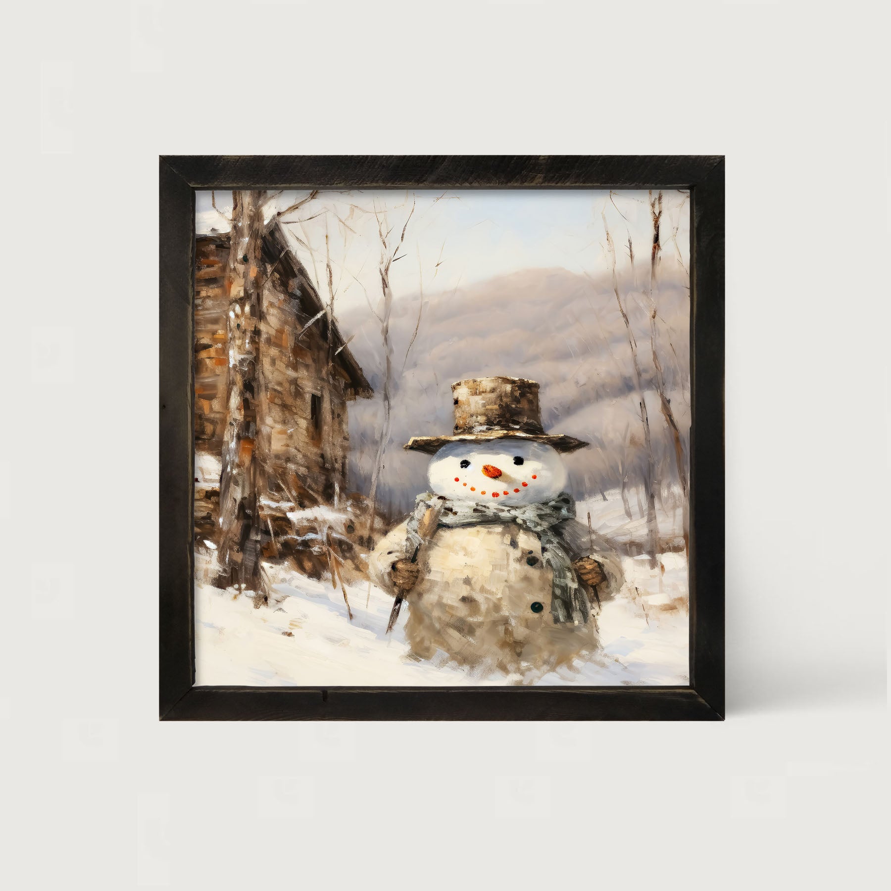 Snowman near barn - Framed art