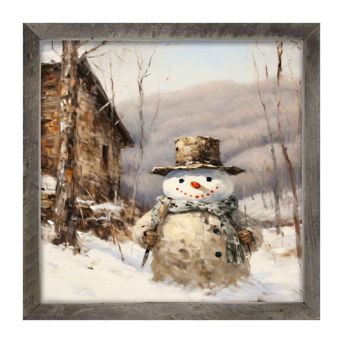 Snowman near barn - Framed art