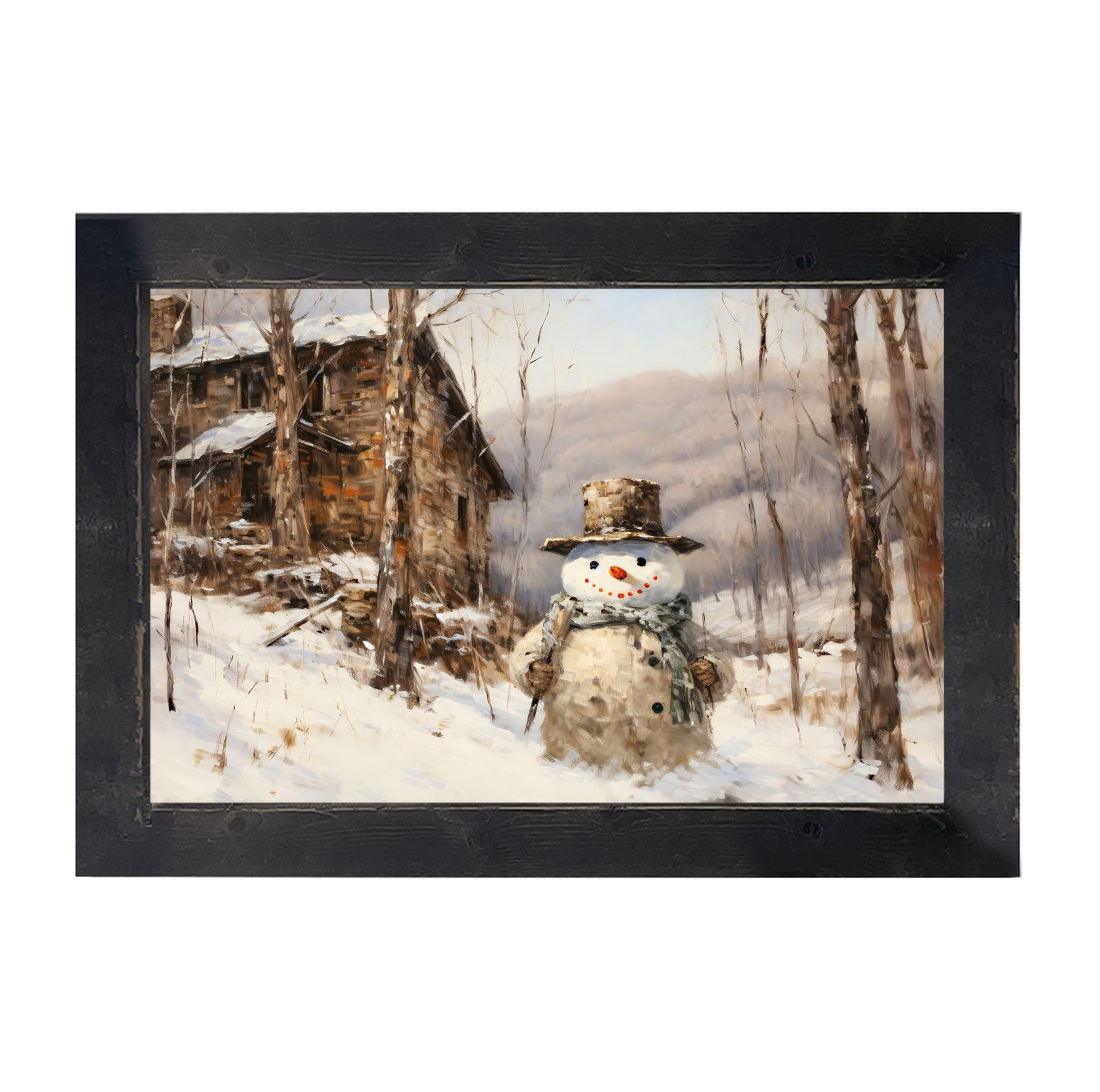 Snowman near barn - Framed art
