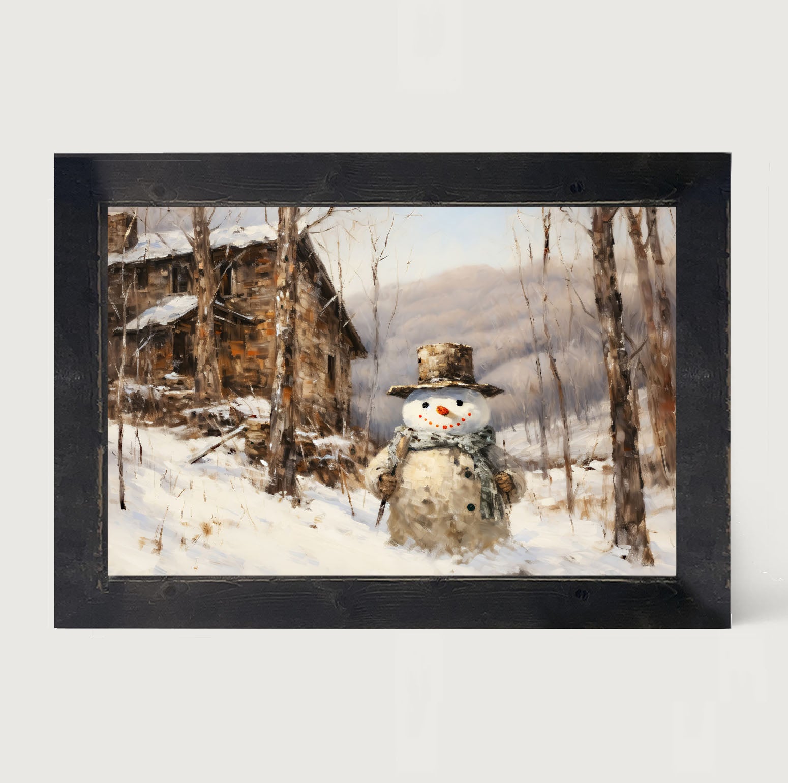 Snowman near barn - Framed art