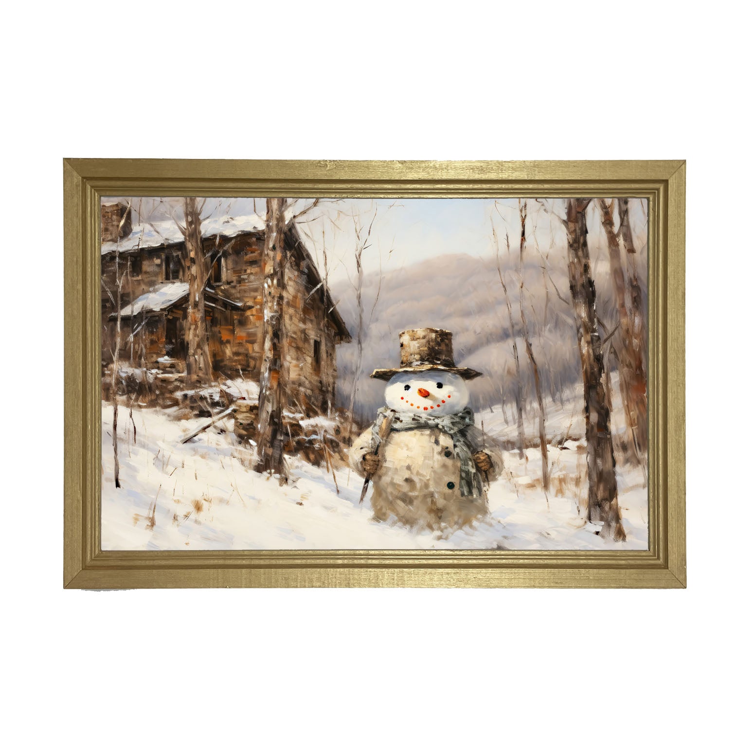 Snowman near barn - Framed art