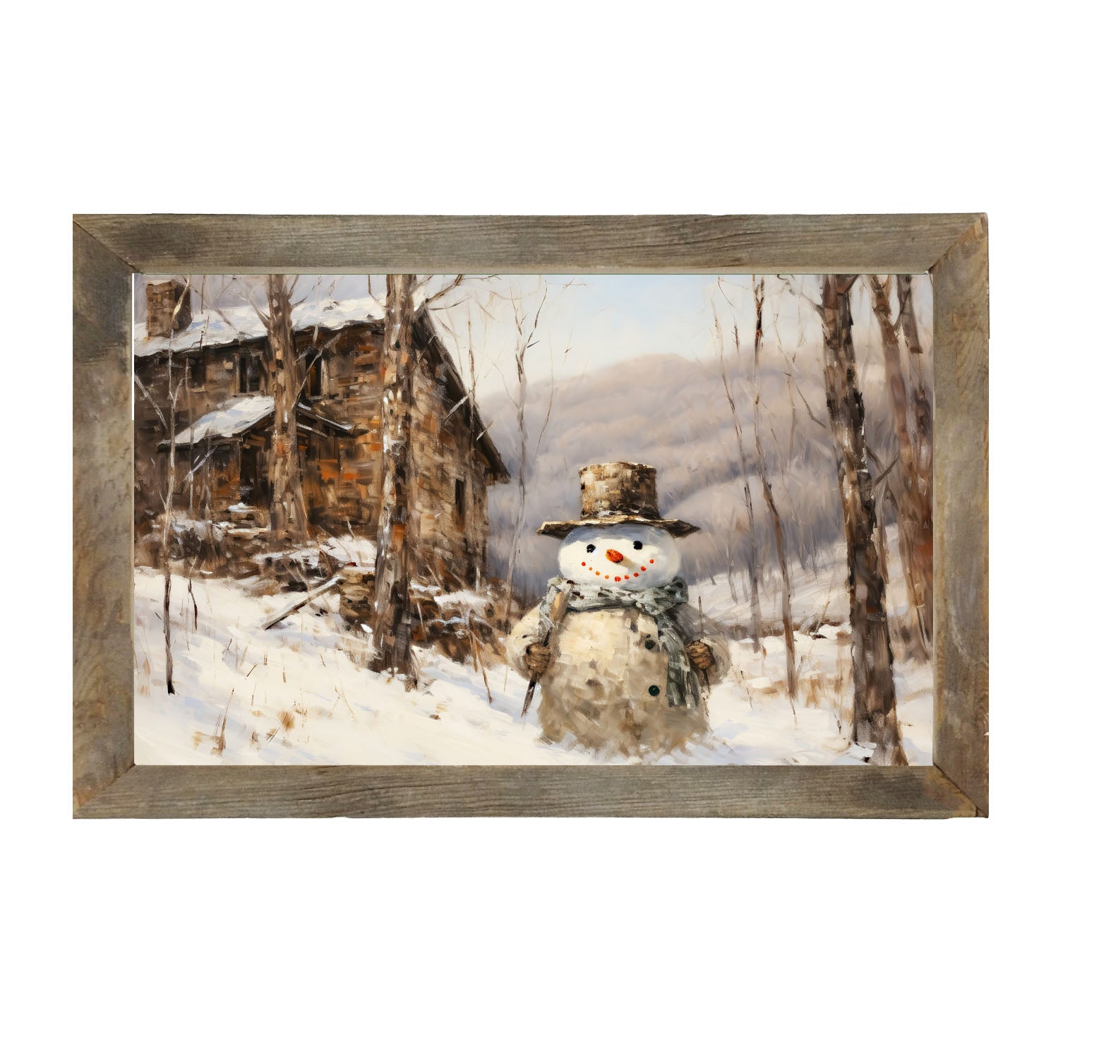 Snowman near barn - Framed art