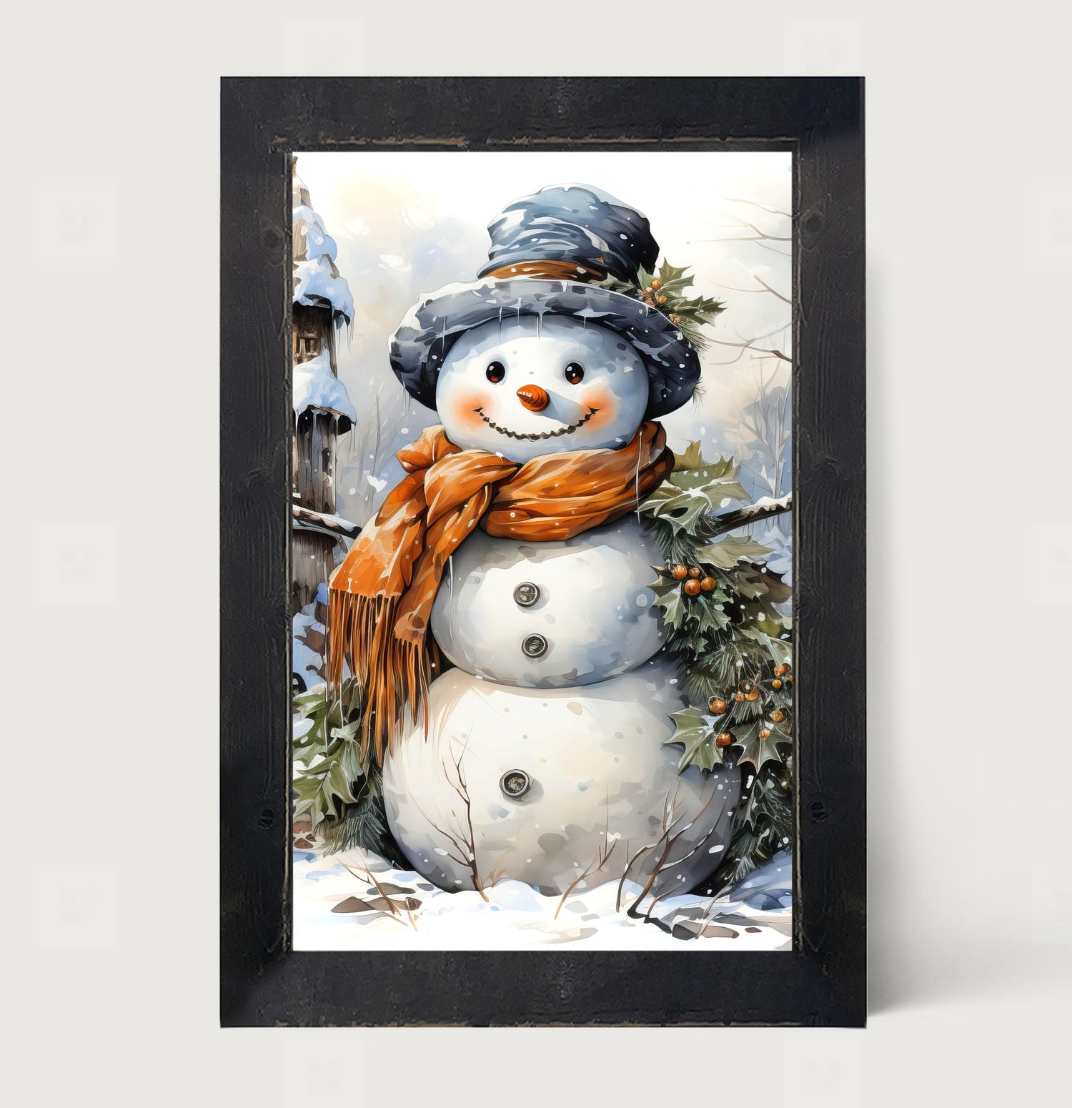 Snowman with Holly - Framed art