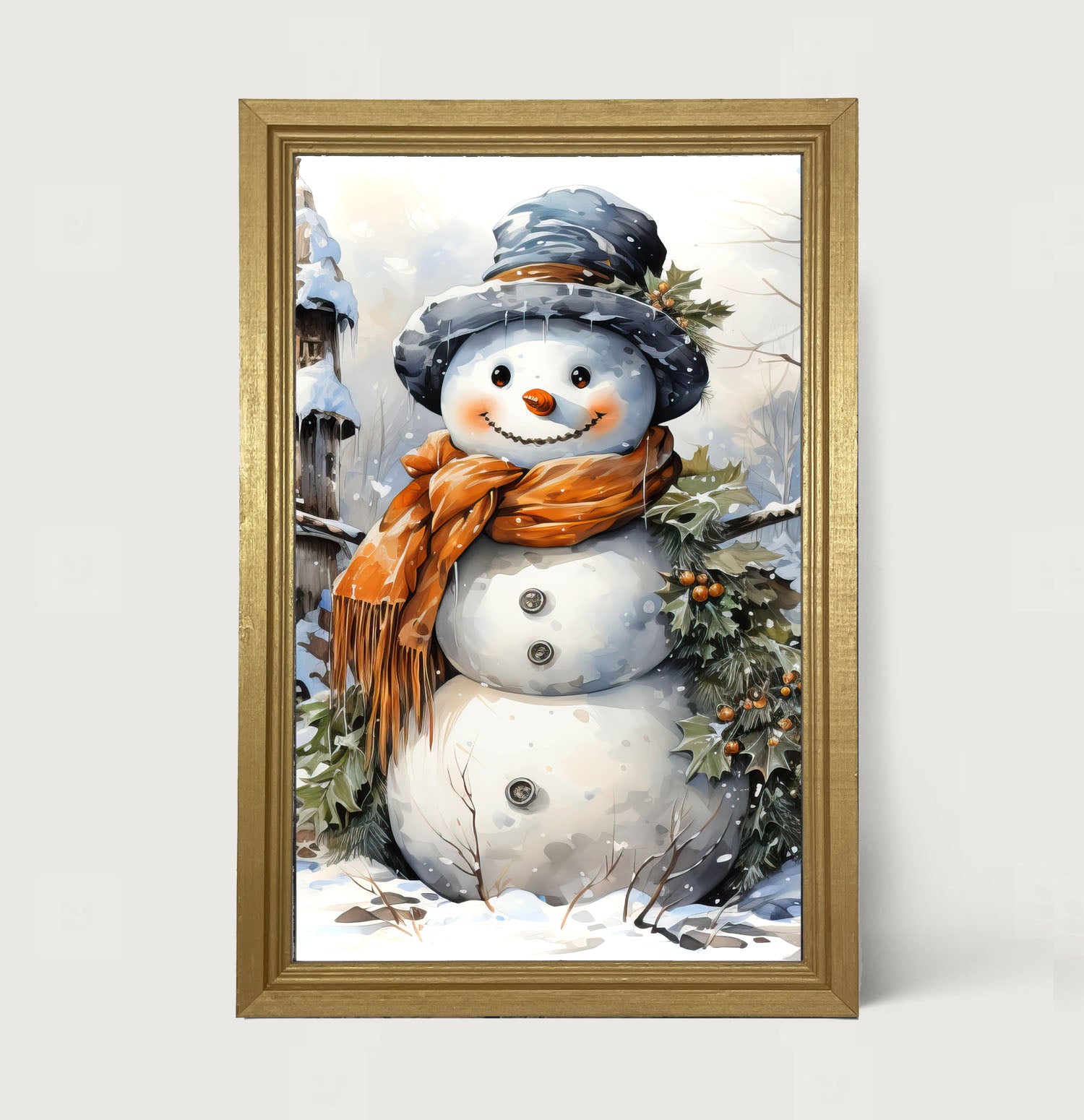 Snowman with Holly - Framed art