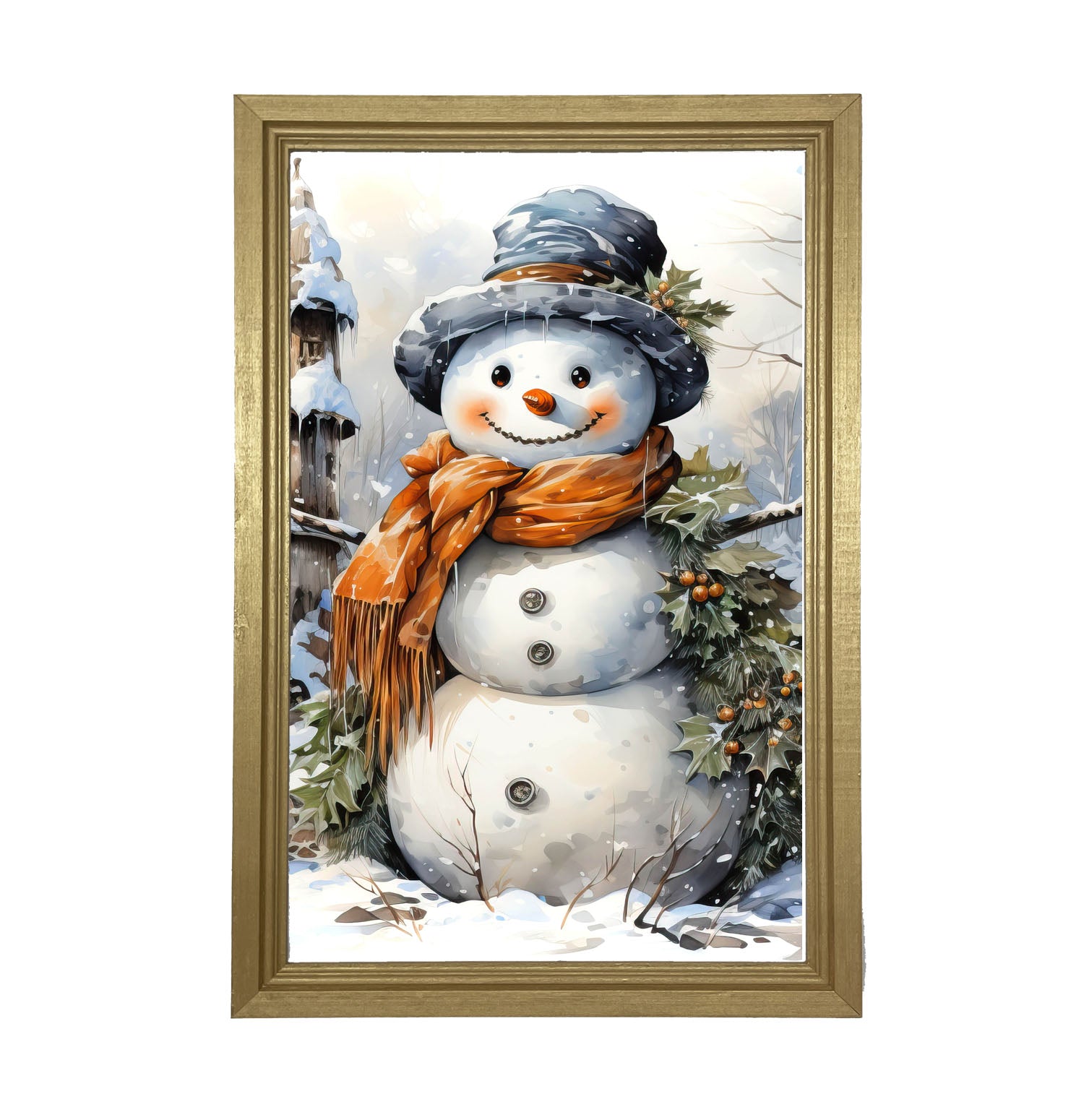 Snowman with Holly - Framed art