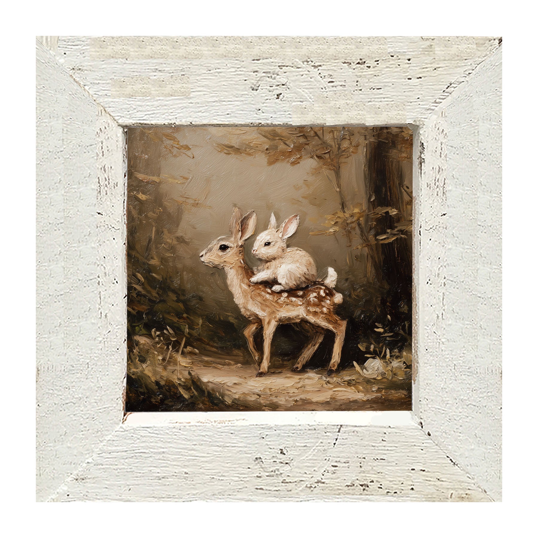 Bunny on Deer in Forest - Framed Art