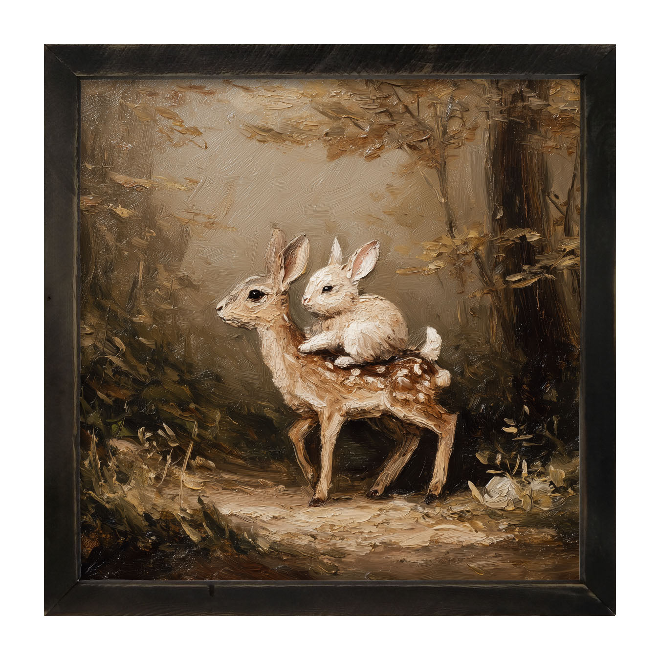 Bunny on Deer in Forest - Framed Art
