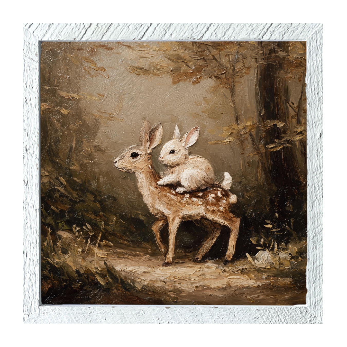 Bunny on Deer in Forest - Framed Art