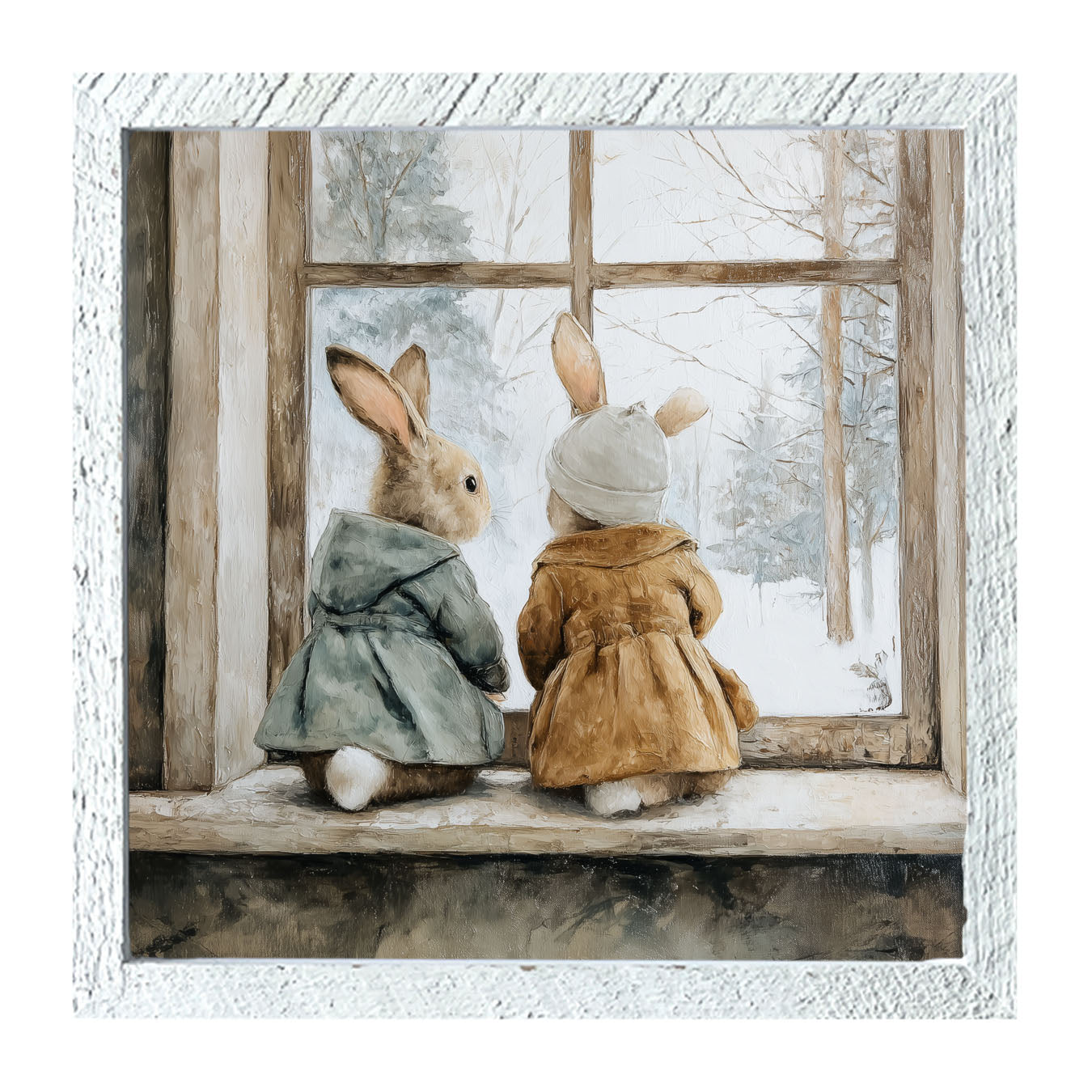 Bunnies Watching a Snowfall - Framed Art