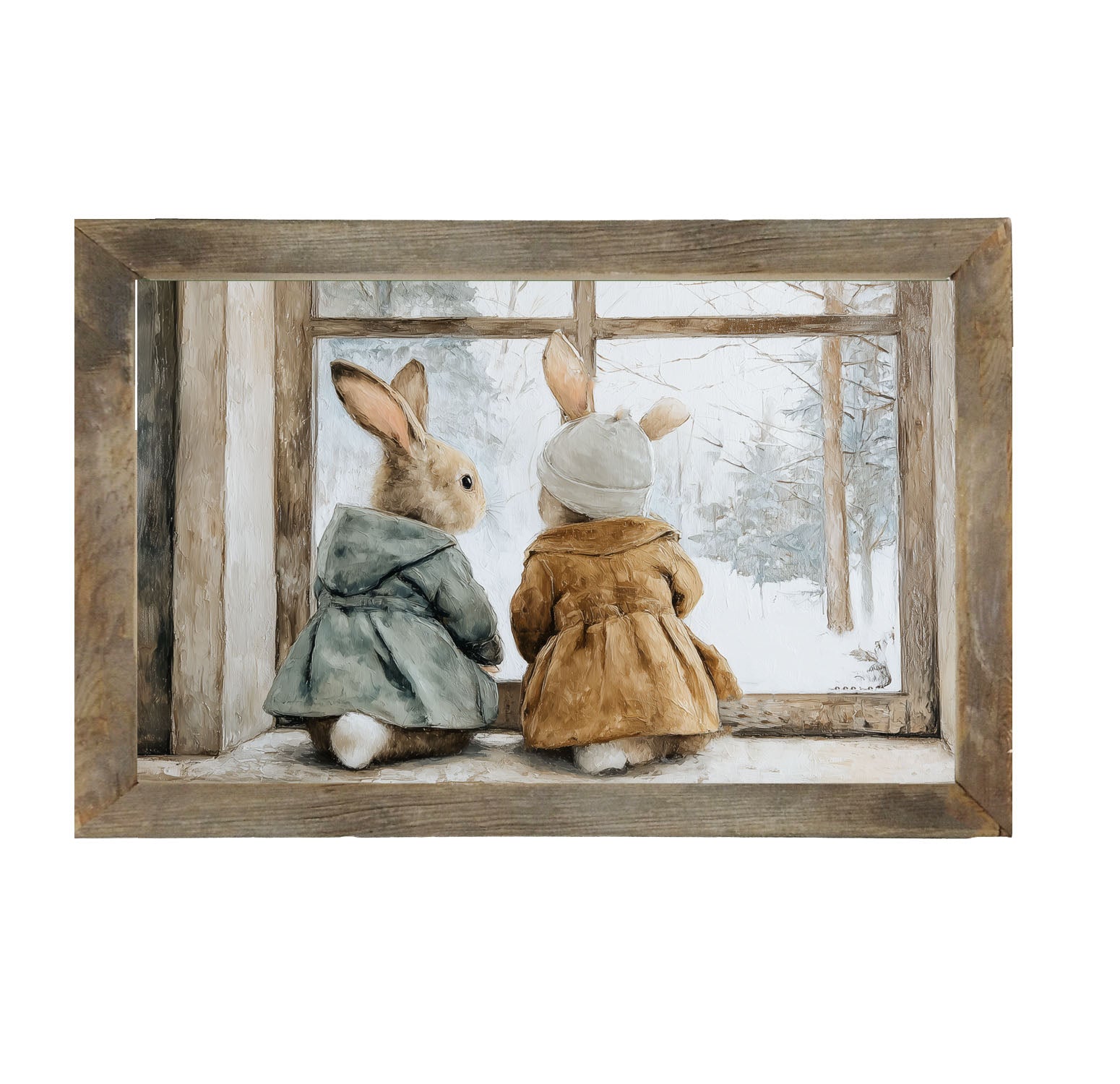 Bunnies Watching a Snowfall - Framed Art
