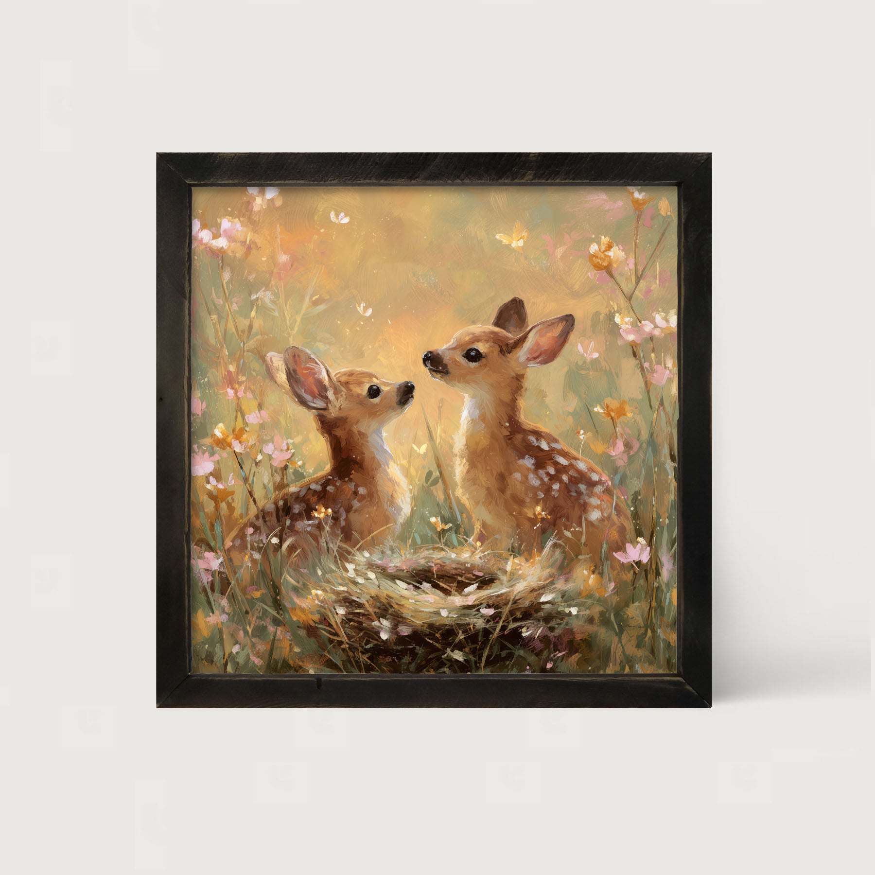 Baby Deer with Flowers - Framed Art