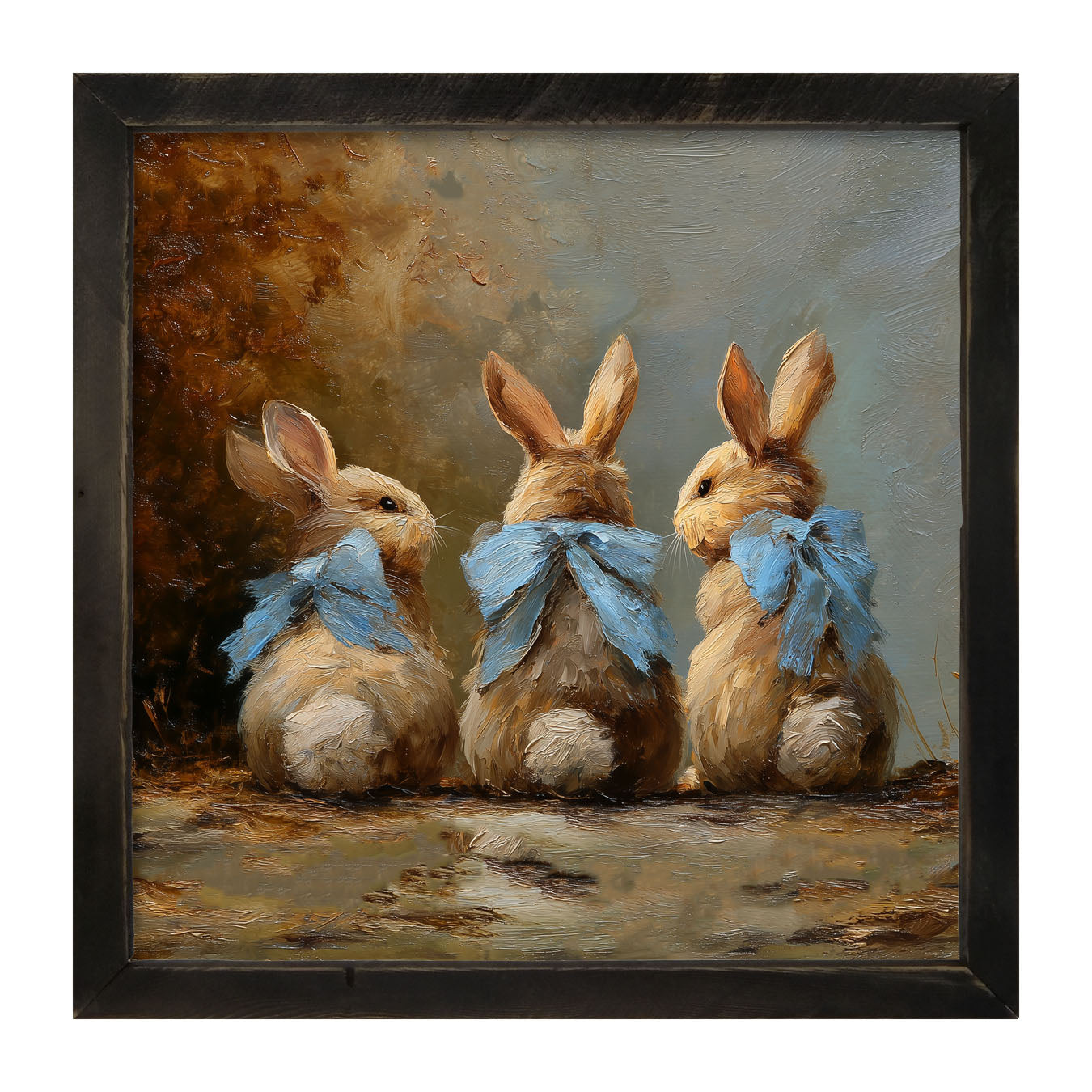 Bunnies with Blue Bows in Autumn - Framed Art
