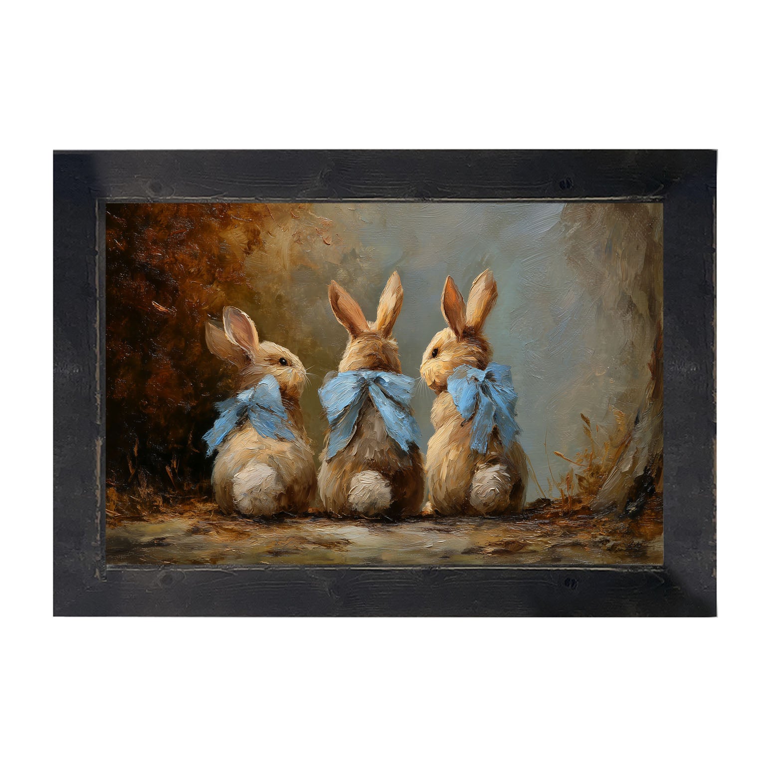 Bunnies with Blue Bows in Autumn - Framed Art