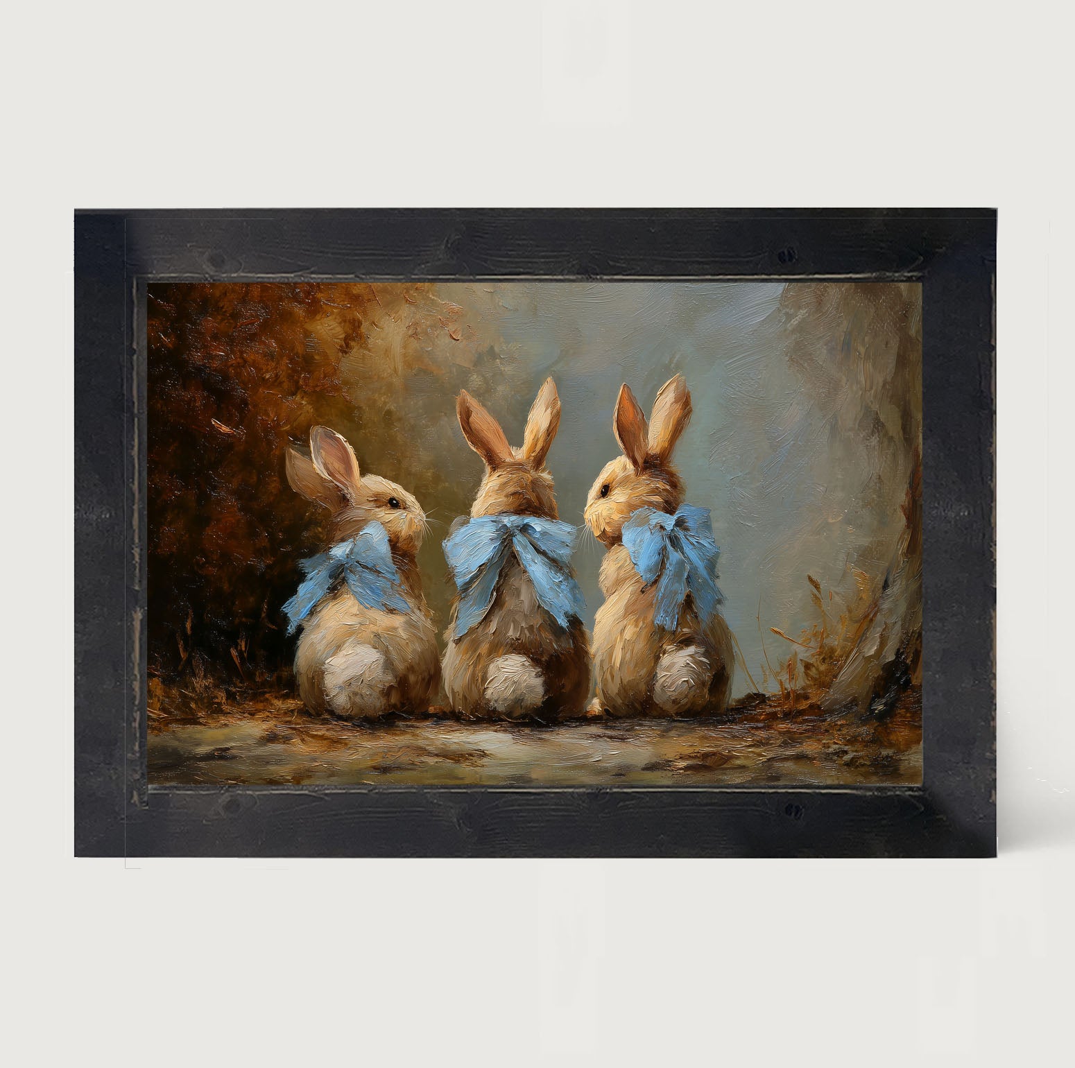 Bunnies with Blue Bows in Autumn