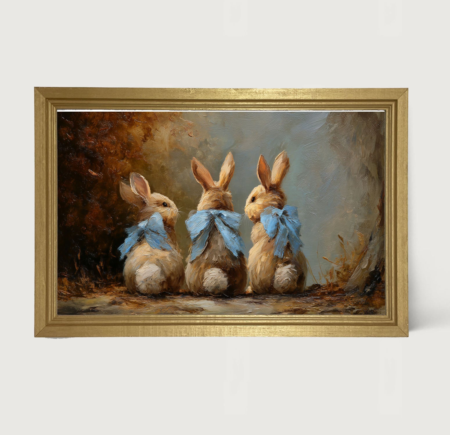 Bunnies with Blue Bows in Autumn