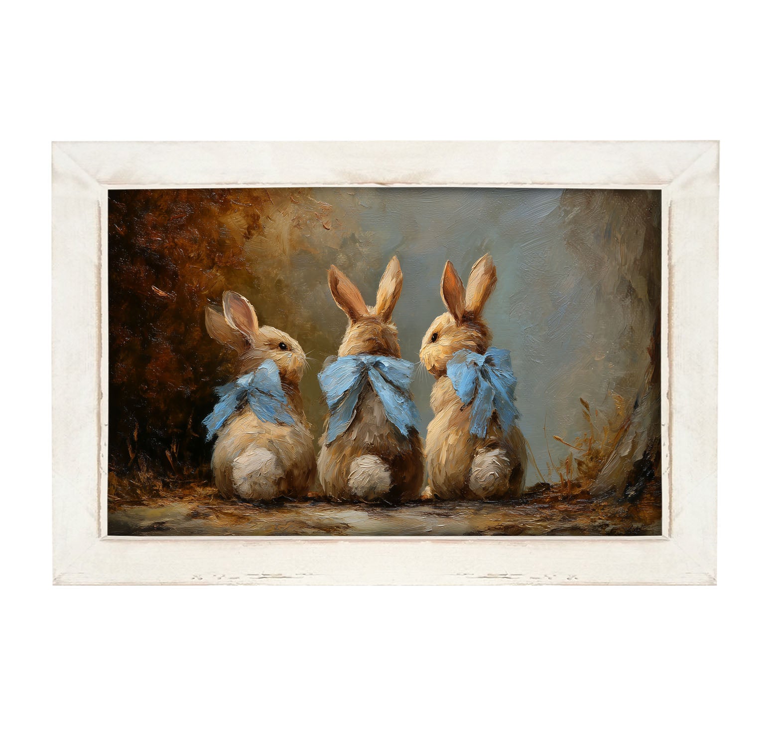 Bunnies with Blue Bows in Autumn - Framed Art
