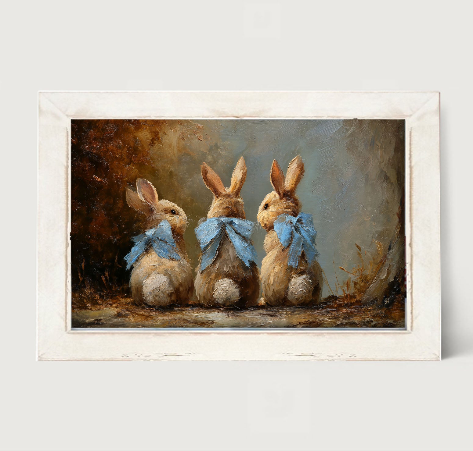 Bunnies with Blue Bows in Autumn